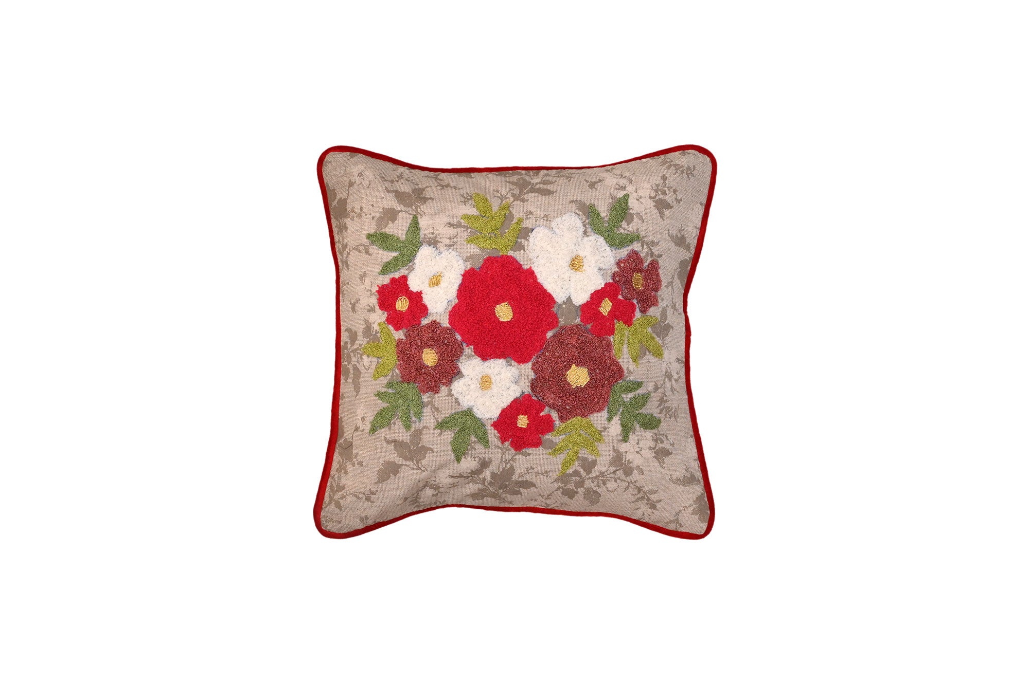 Scarlet Bloom Embroidered Cushion