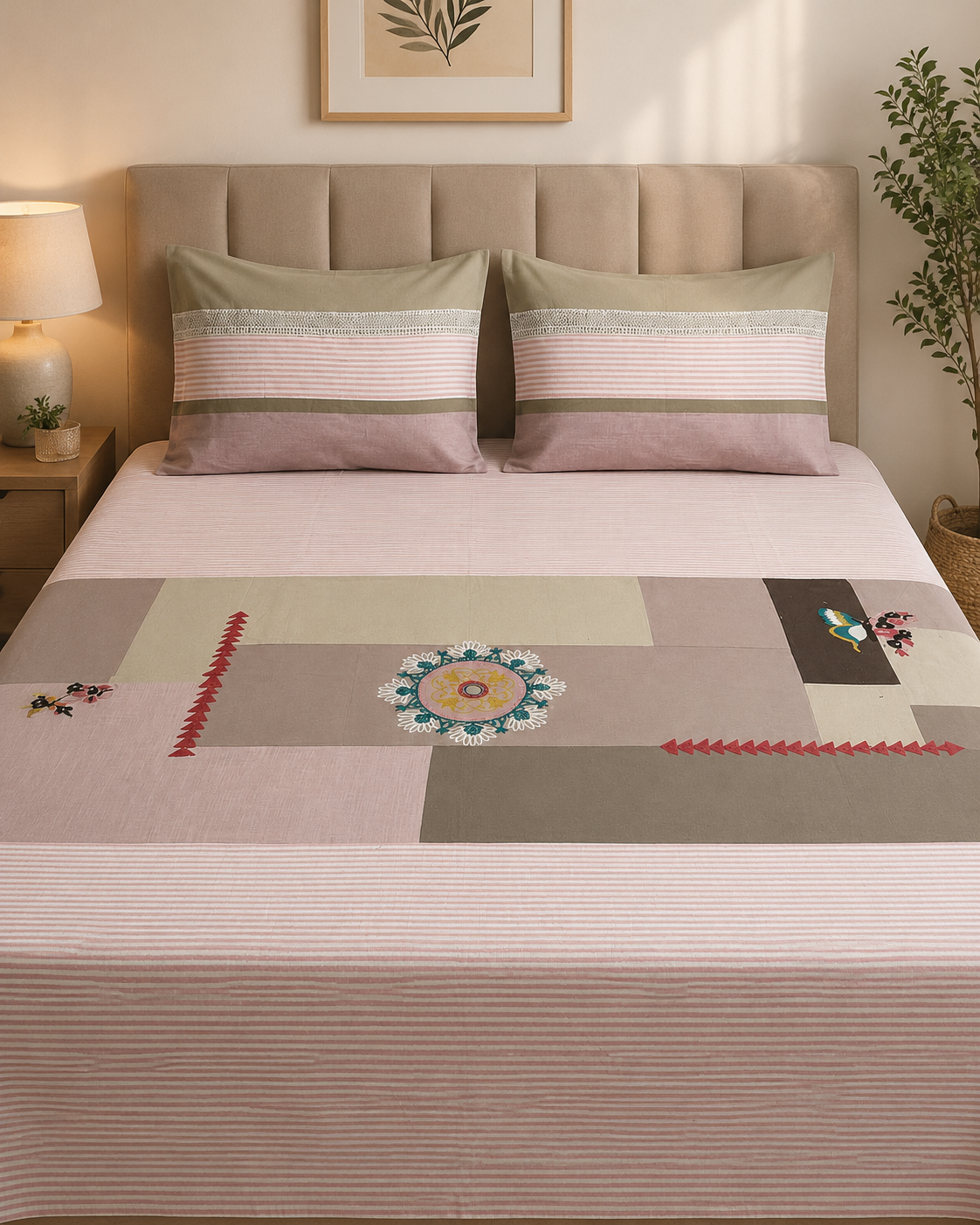 Blush pink striped bed ensemble with taupe patchwork panels, mandala design and matching pillow covers