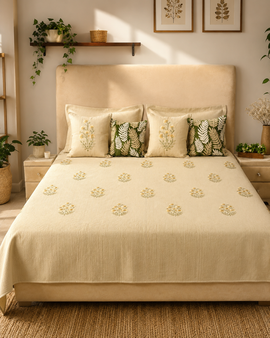 Ivory floral bed ensemble with embroidered pillow covers and green leaf cushion covers