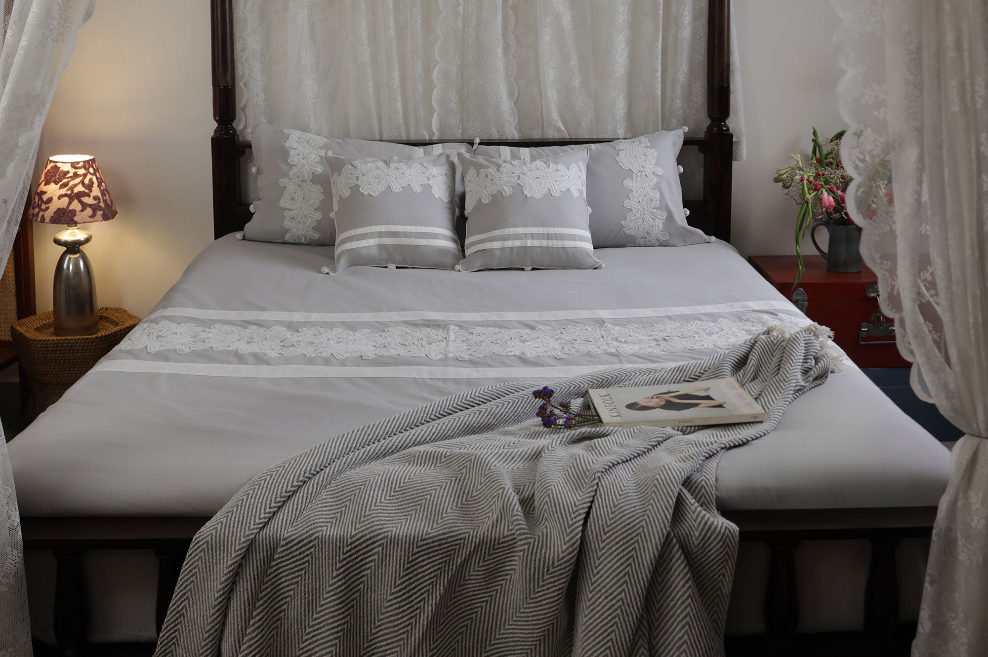 Lace Whisper Grey & White Bed Ensemble