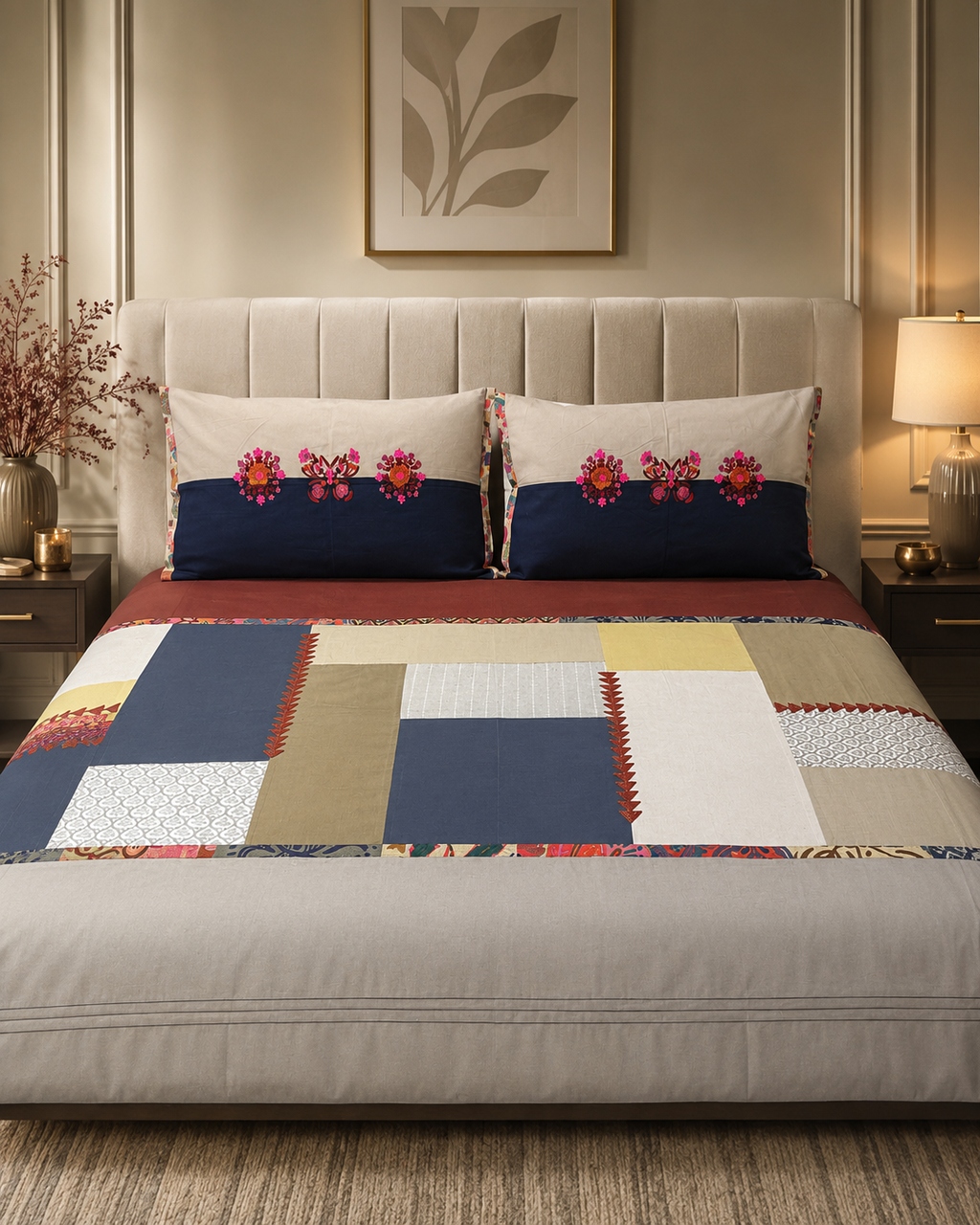 Navy blue and beige patchwork bed ensemble with embroidered floral pillow covers