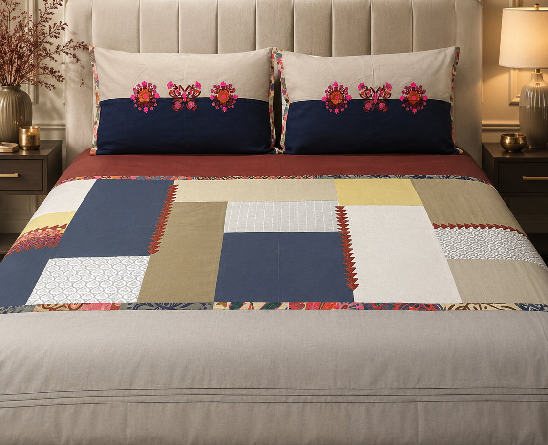 Navy Patchwork Floral BedSheet Set