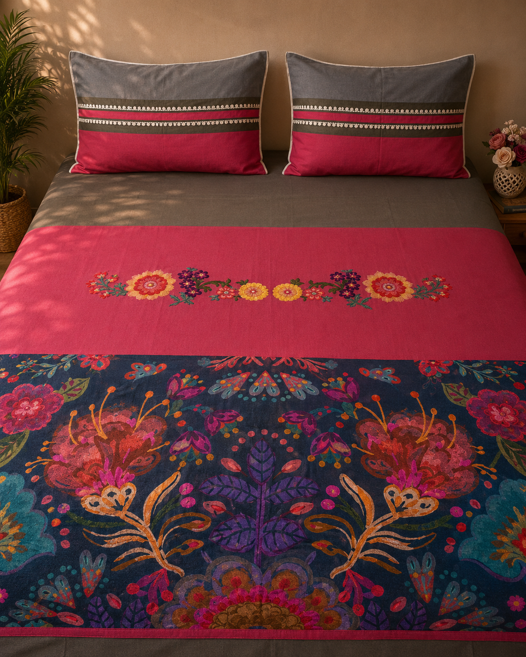 Magenta, charcoal grey and navy blue floral bed ensemble with matching pillow covers