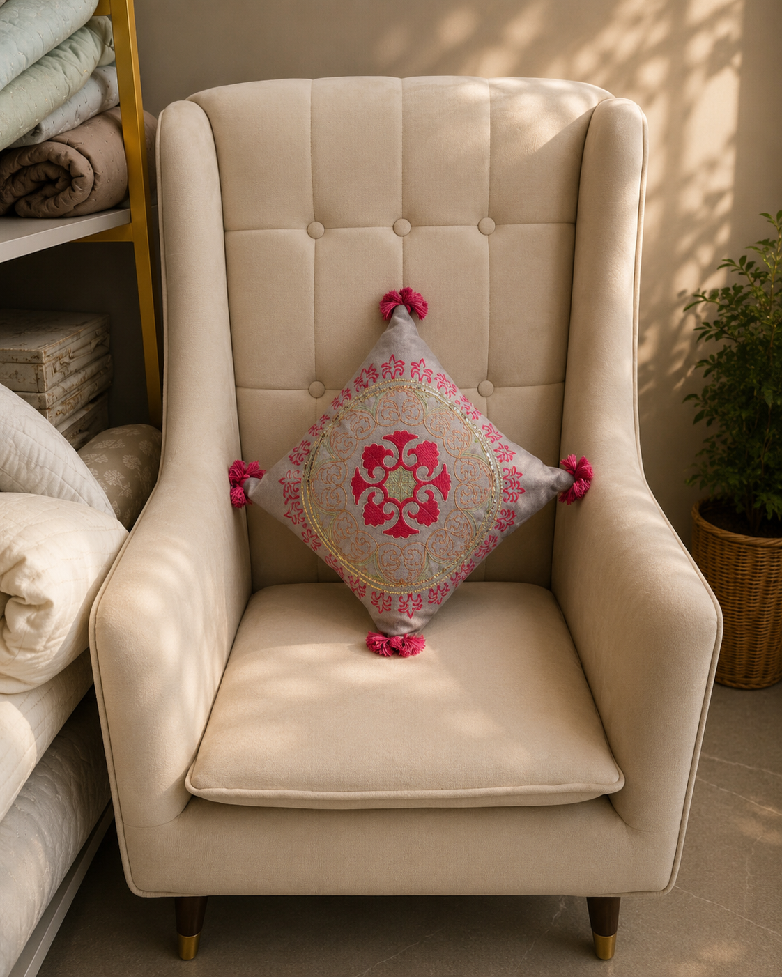 Grey cushion cover with pink and gold mandala embroidery and corner tassels on a cream chair