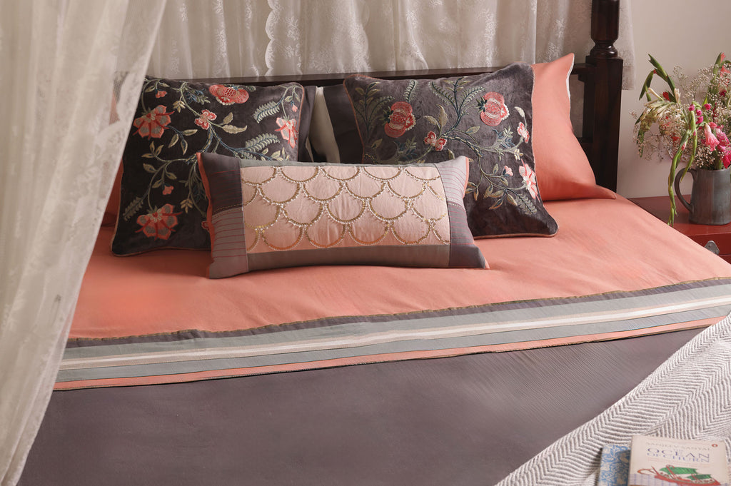 Coral Bloom Embroidered Bed Ensemble