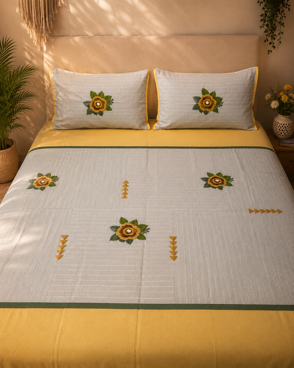 Mustard yellow and light grey bedsheet set with embroidered flowers and matching pillow covers