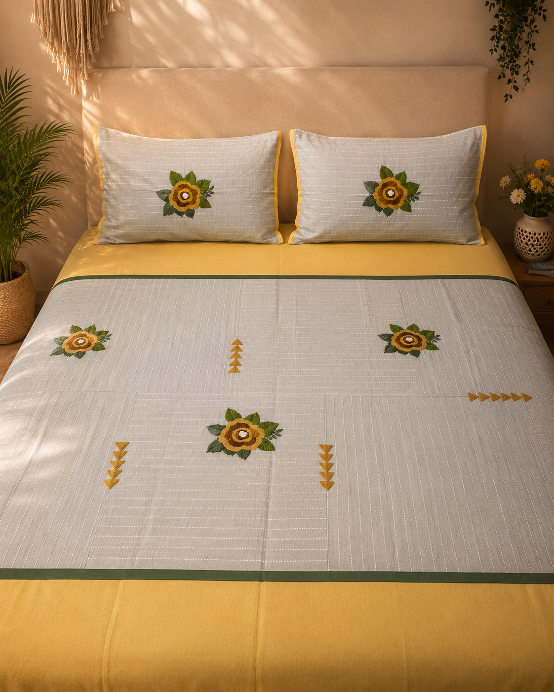 Mustard yellow and light grey bedsheet set with embroidered flowers and matching pillow covers