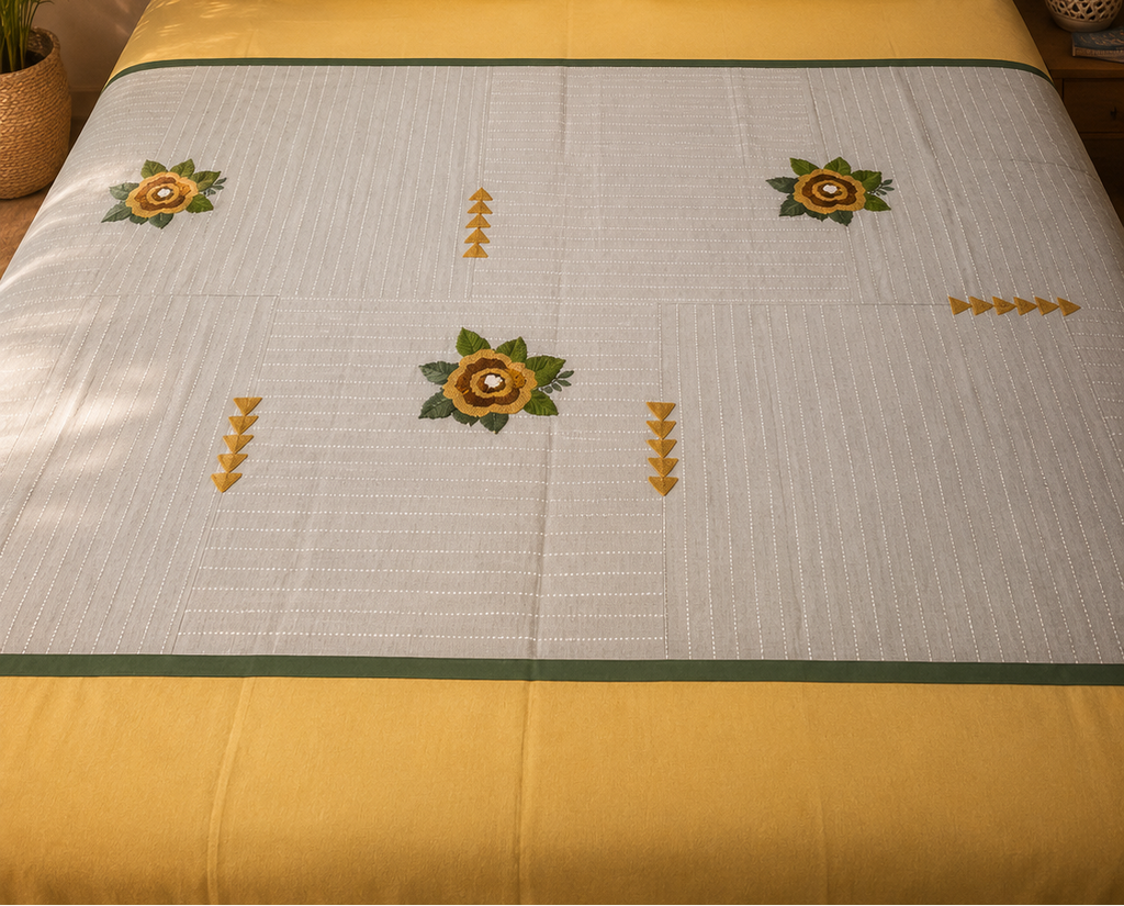 Mustard Grey Floral Embroidered Bedsheet Set