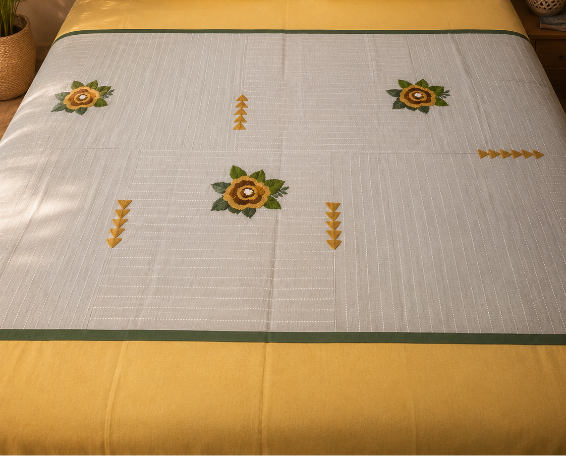Mustard Grey Floral Embroidered Bedsheet Set