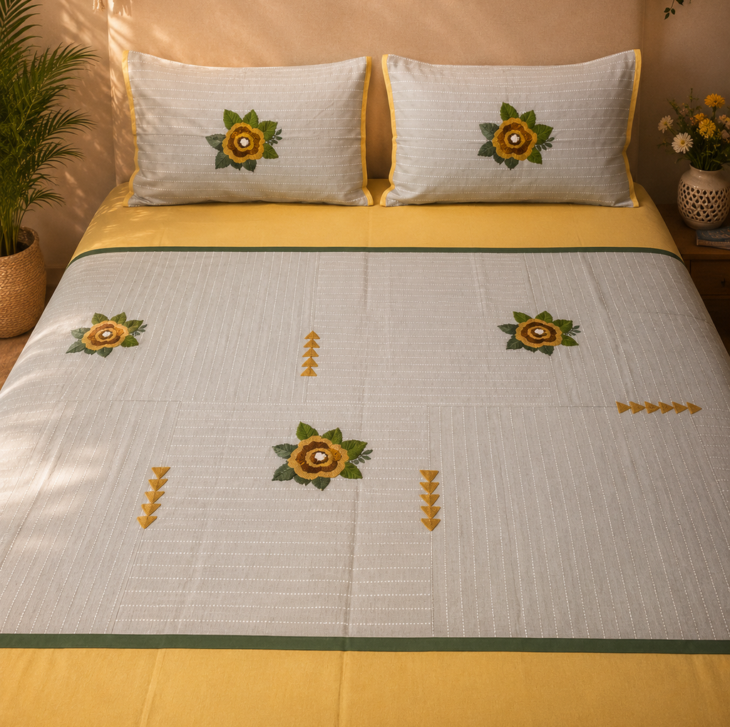 Mustard Grey Floral Embroidered Bedsheet Set