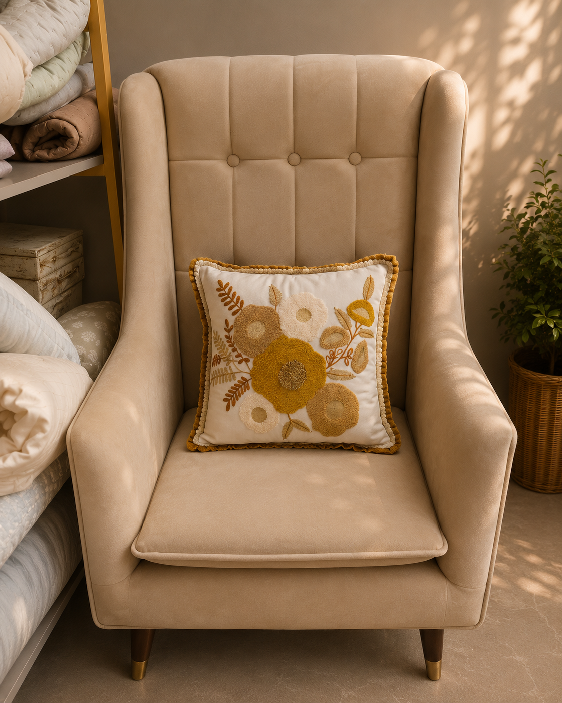 Cream cushion cover with mustard, beige and brown floral embroidery on a beige chair