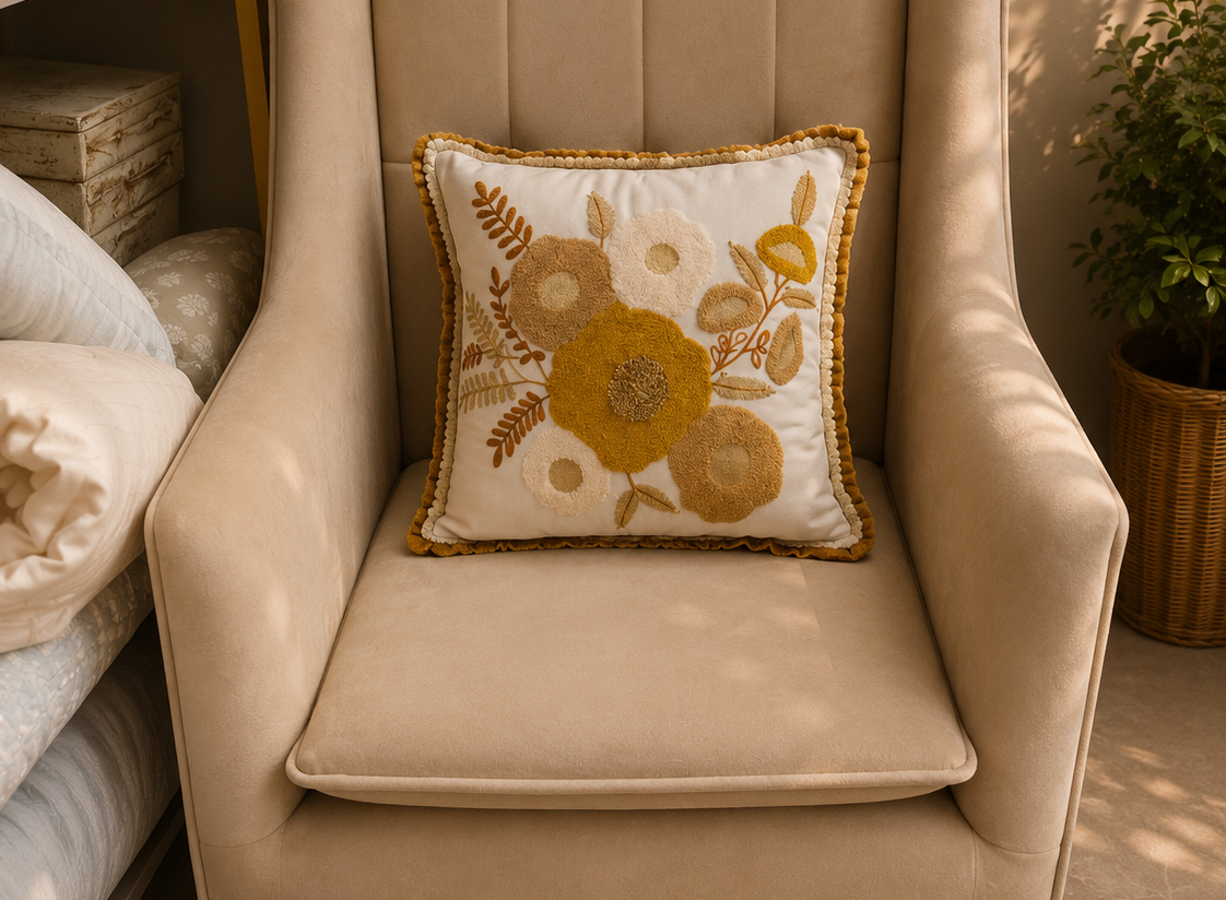 Mustard Floral Embroidered Cushion Cover