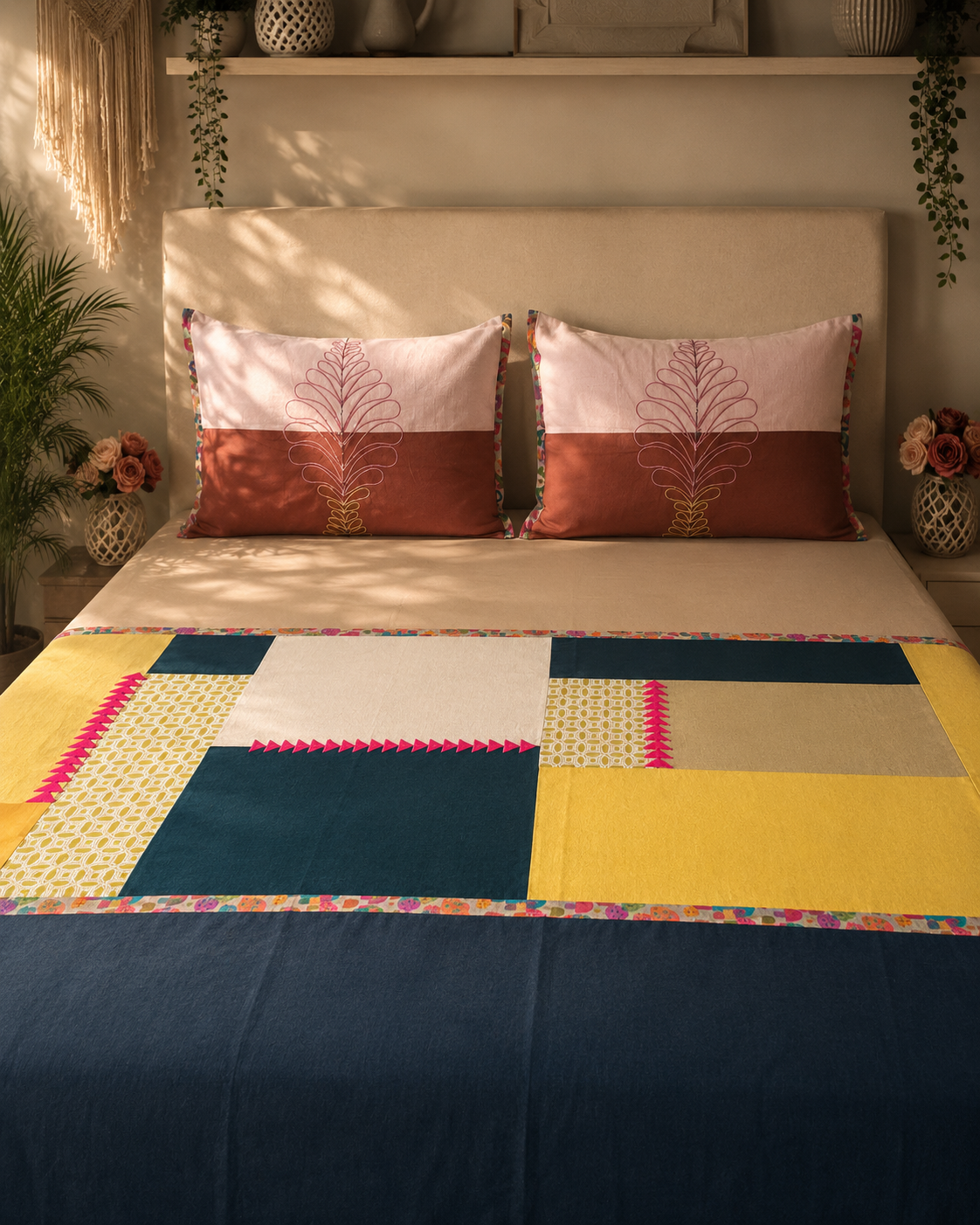 Navy blue and mustard patchwork bedsheet set with blush pink embroidered pillow covers