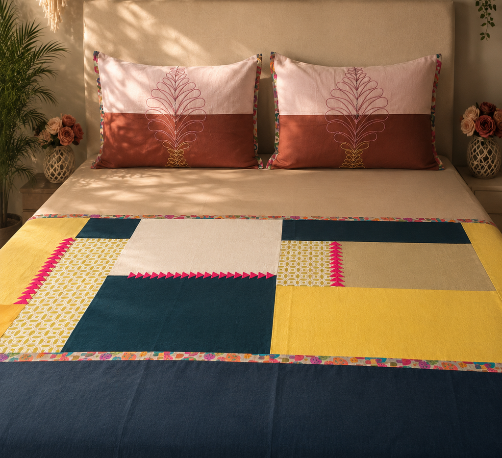 Navy Mustard Patchwork Bedsheet Set