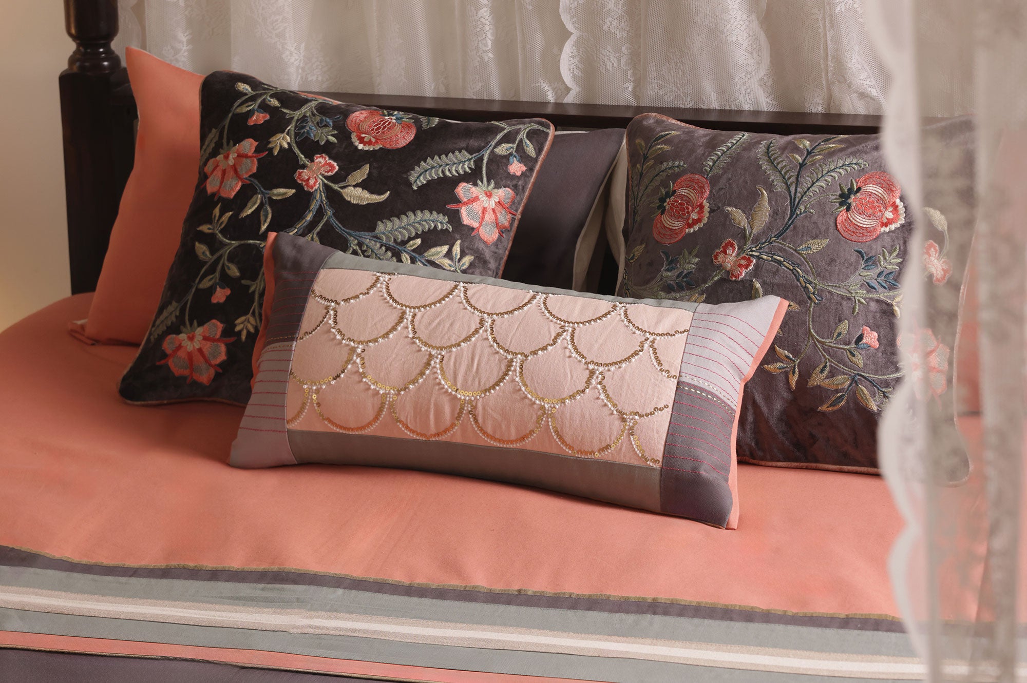 Coral Bloom Embroidered Bed Ensemble