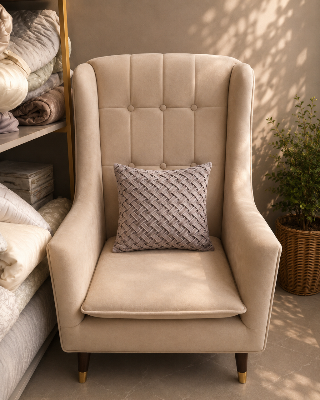 Taupe cushion cover with a woven basket pattern displayed on a cream chair