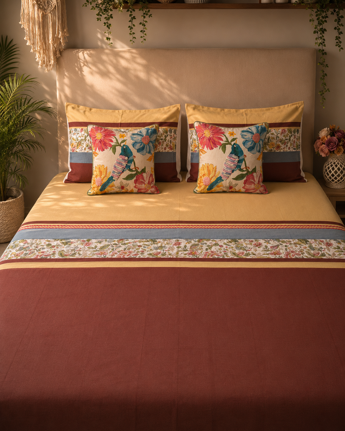Mustard and rust bed ensemble with colourful bird and floral cushion covers