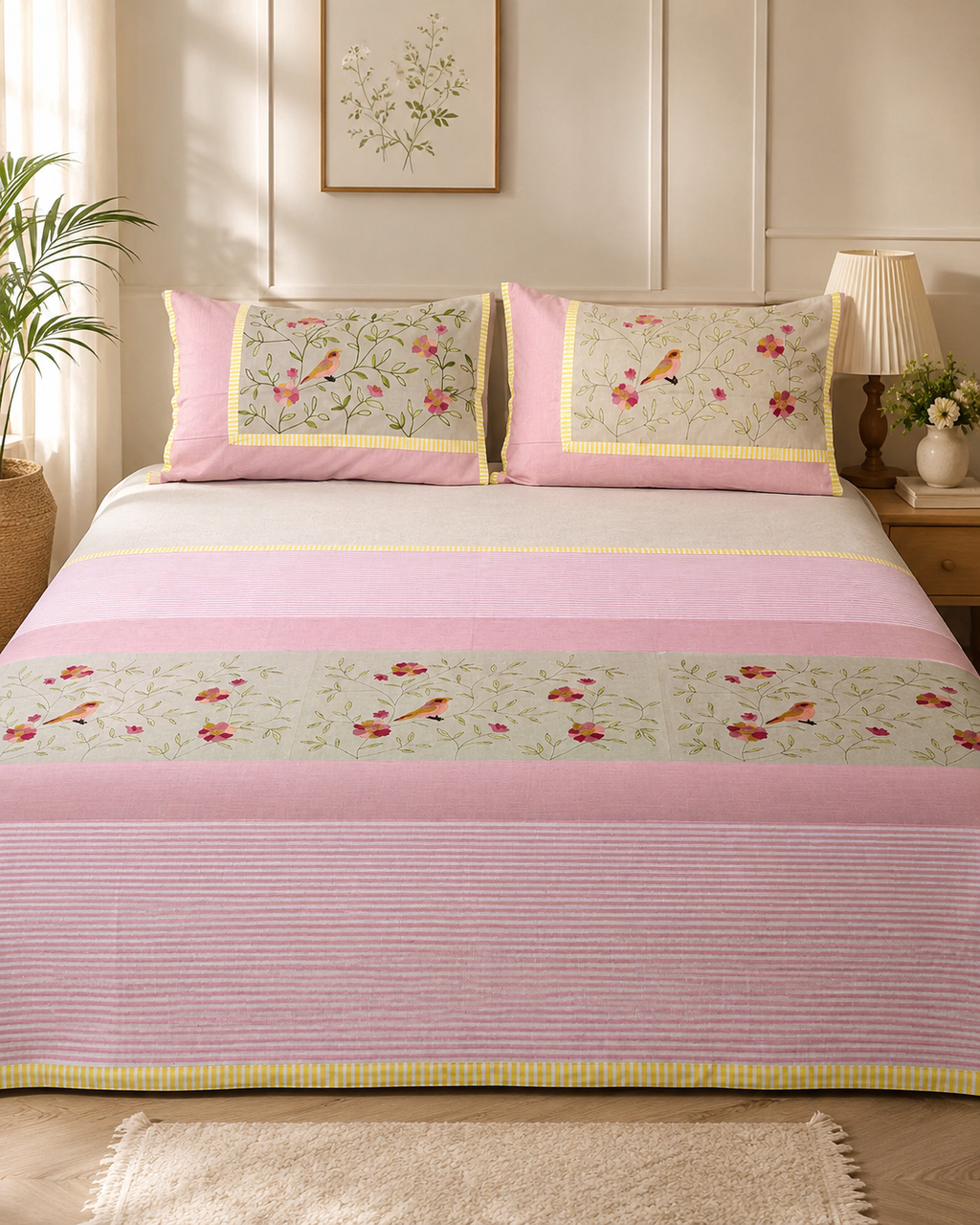 Light pink striped bedsheet set with bird and floral designs and matching pillow covers