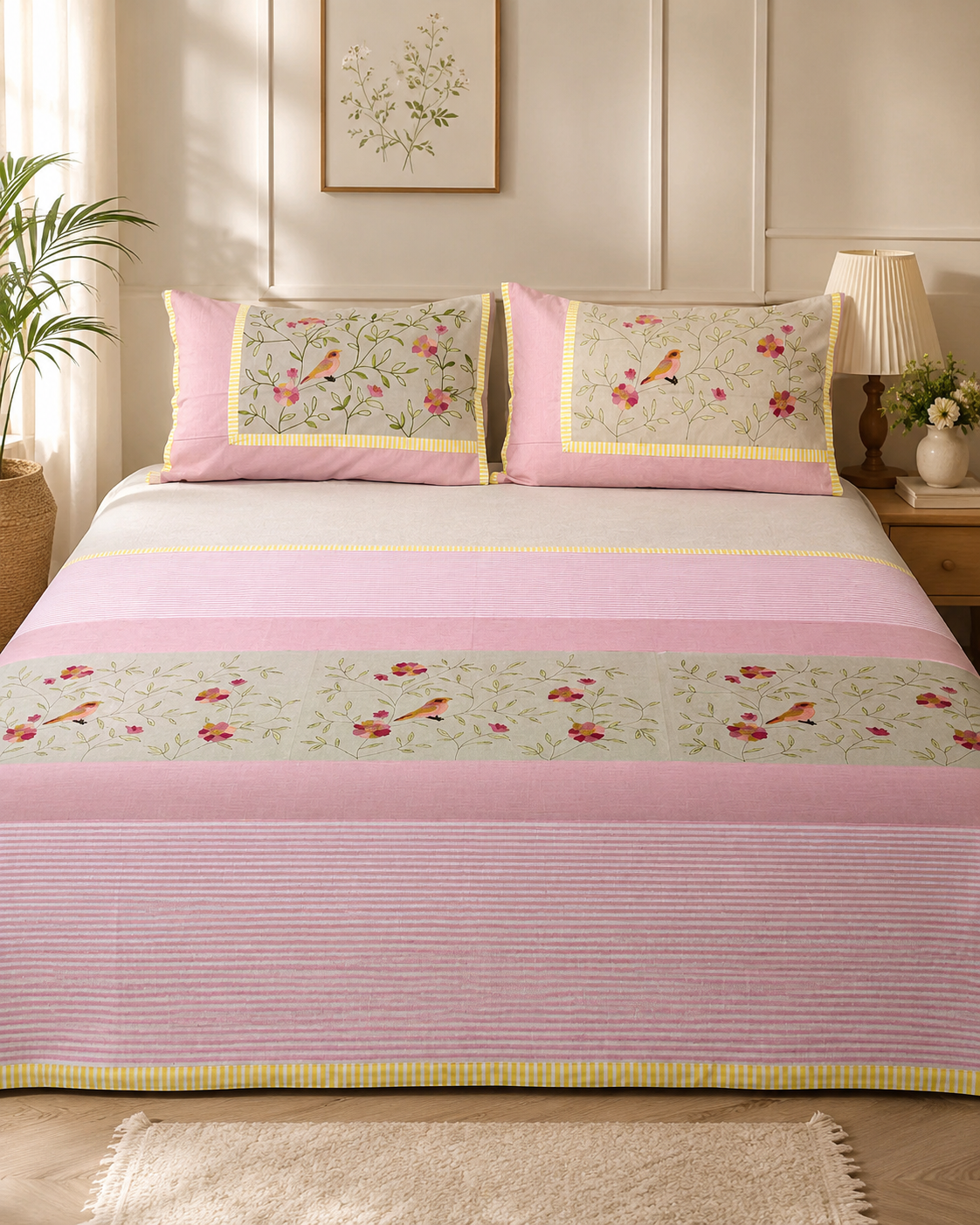 Light pink striped bedsheet set with bird and floral designs and matching pillow covers