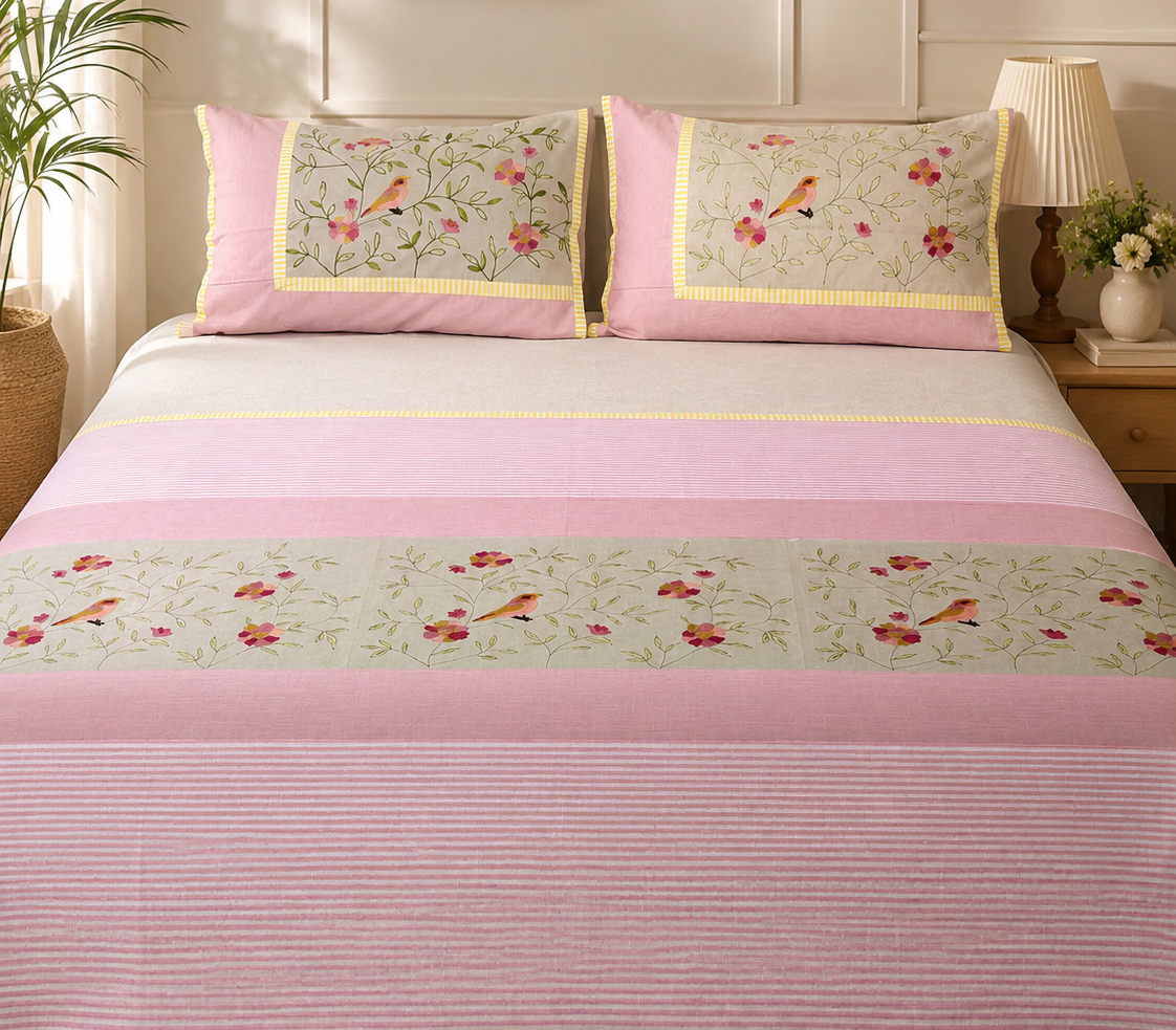 Blush Bird Floral Bedsheet Set
