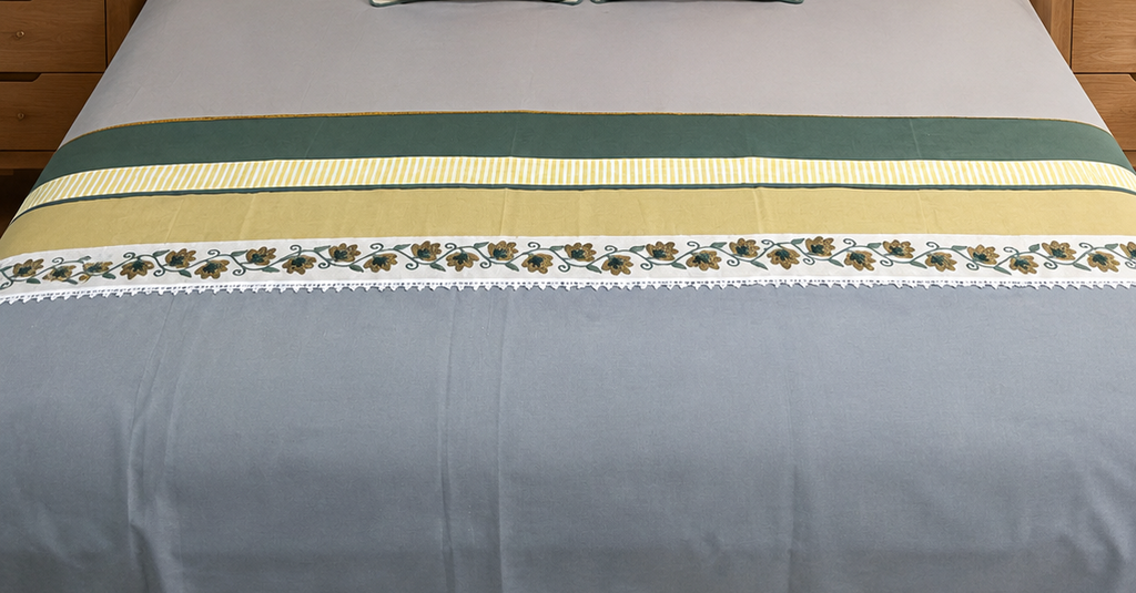 Slate Blue Mustard Floral Bedsheet Set