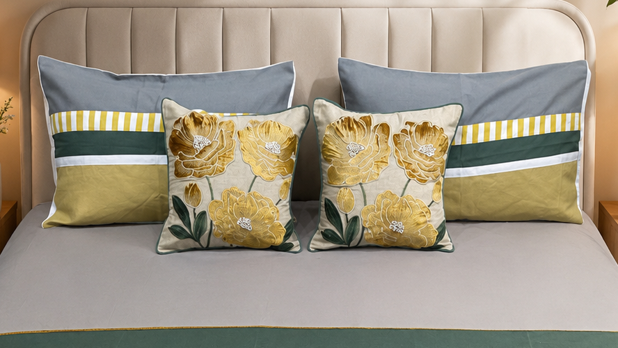 Slate Blue Mustard Floral Bedsheet Set