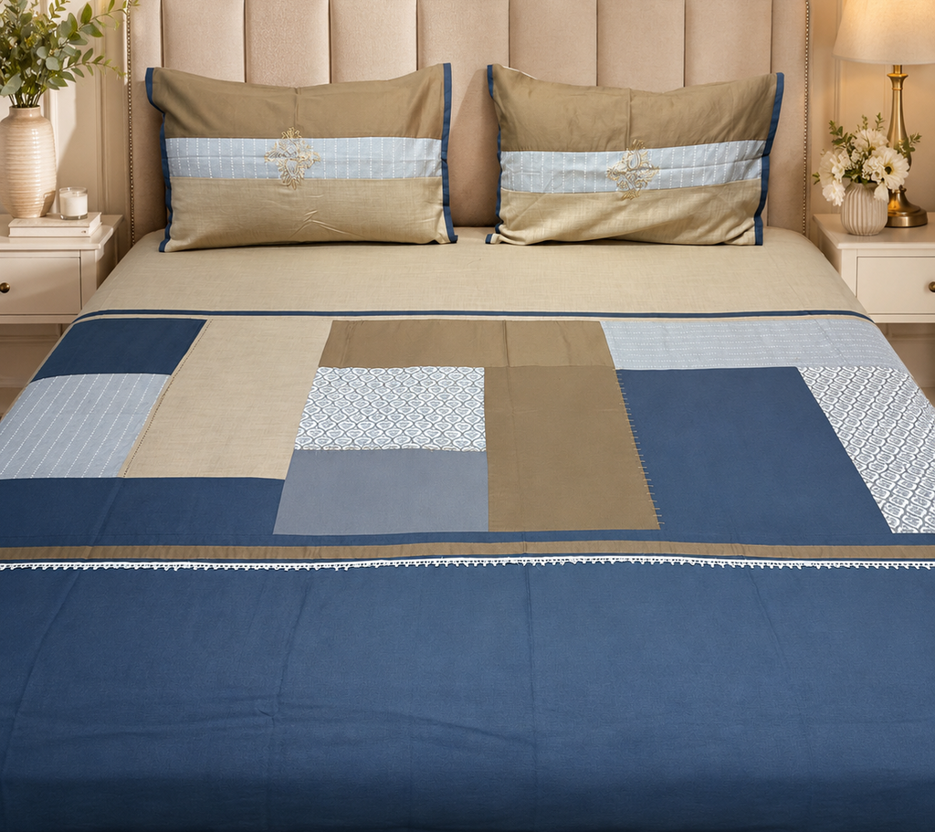 Navy Taupe Patchwork Bedsheet Set
