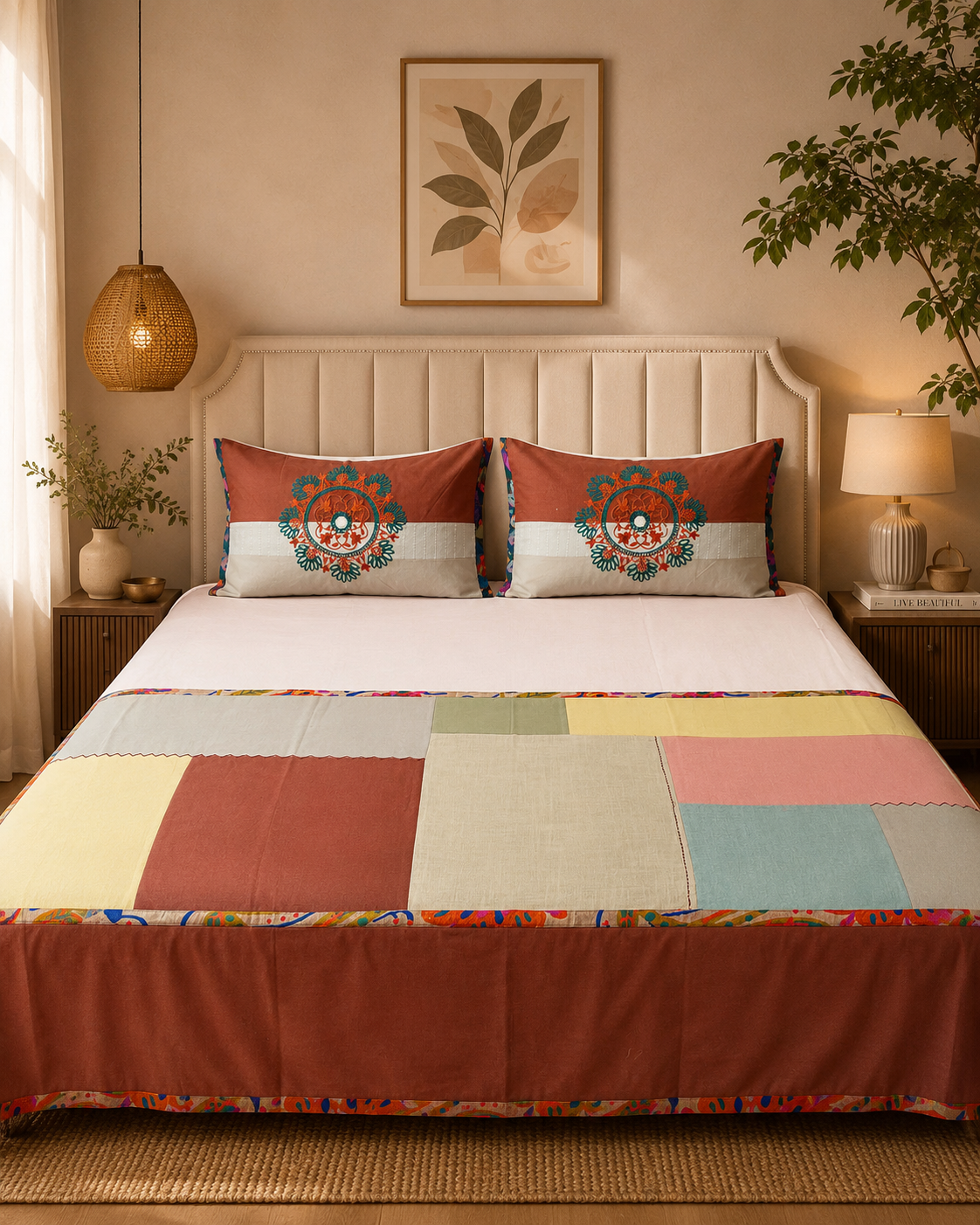 Terracotta and pastel patchwork bedsheet set with embroidered mandala pillow covers