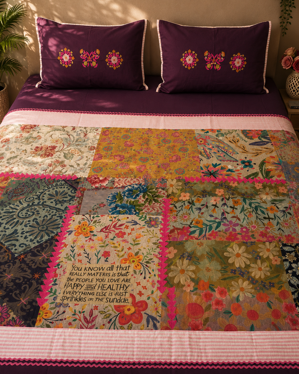 Plum Patchwork Floral Bedsheet Set