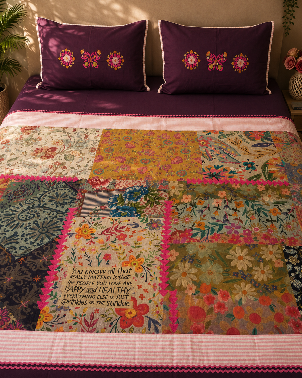 Plum Patchwork Floral Bedsheet Set