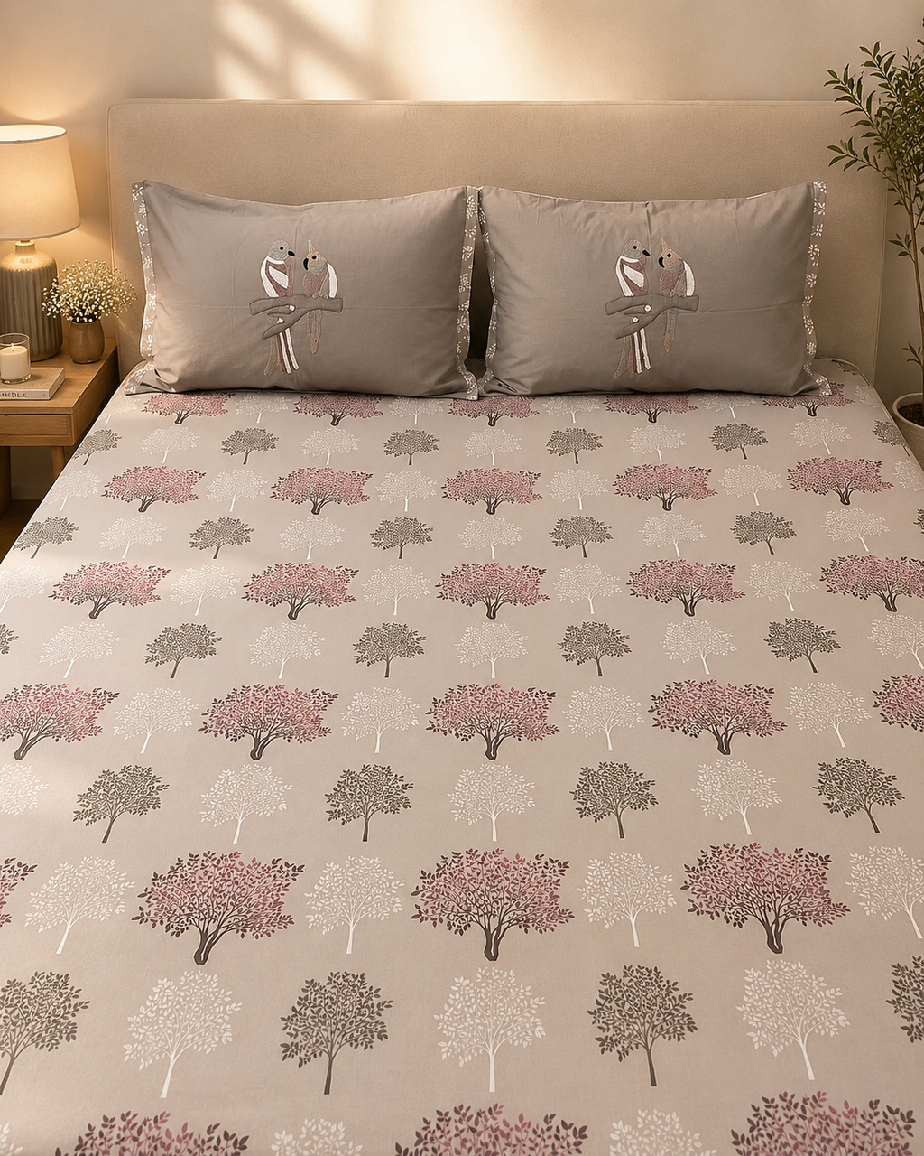 Warm beige tree-print bedsheet set with taupe bird-embroidered pillow covers by Rituxe Living