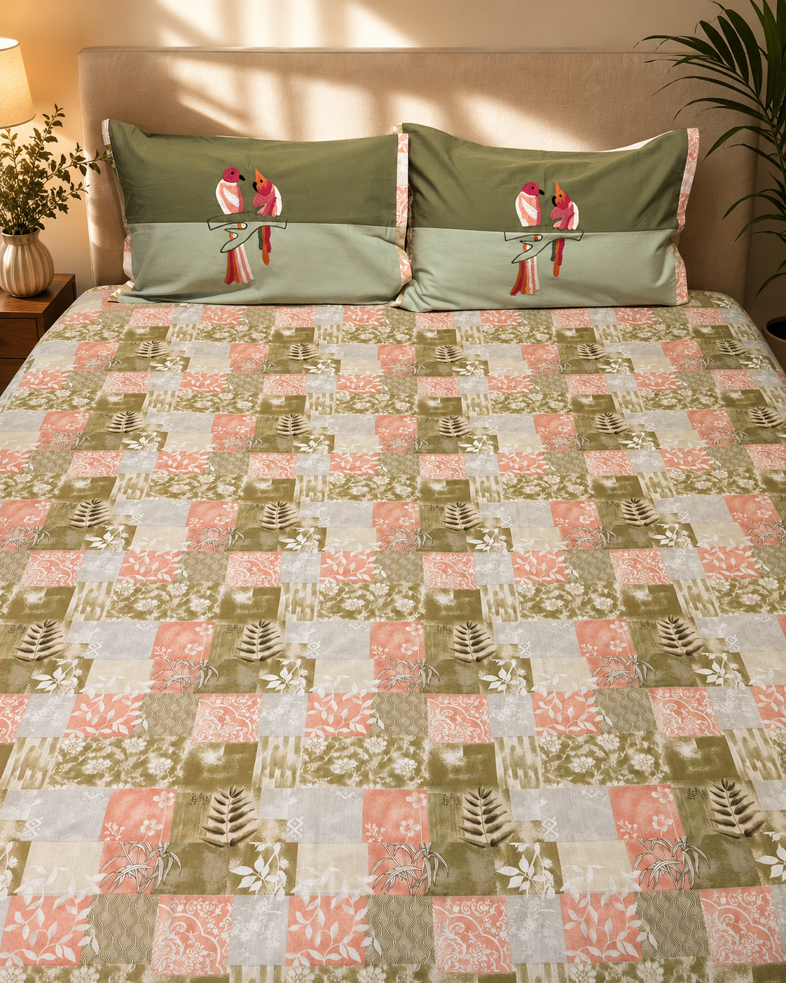 Olive Harmony Bird Embroidered Bedsheet Set