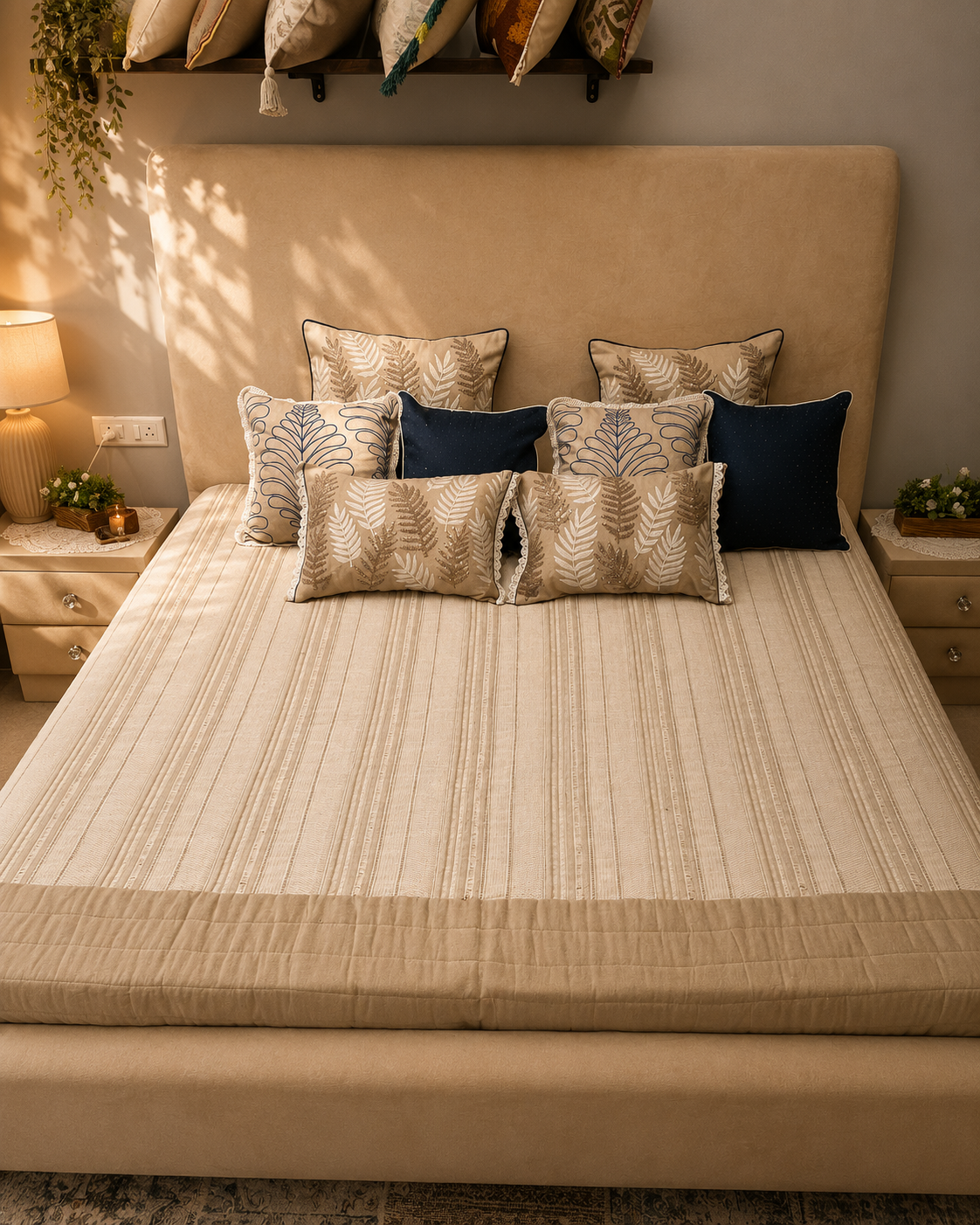 Ivory bed ensemble with navy cushions and embroidered leaf designs