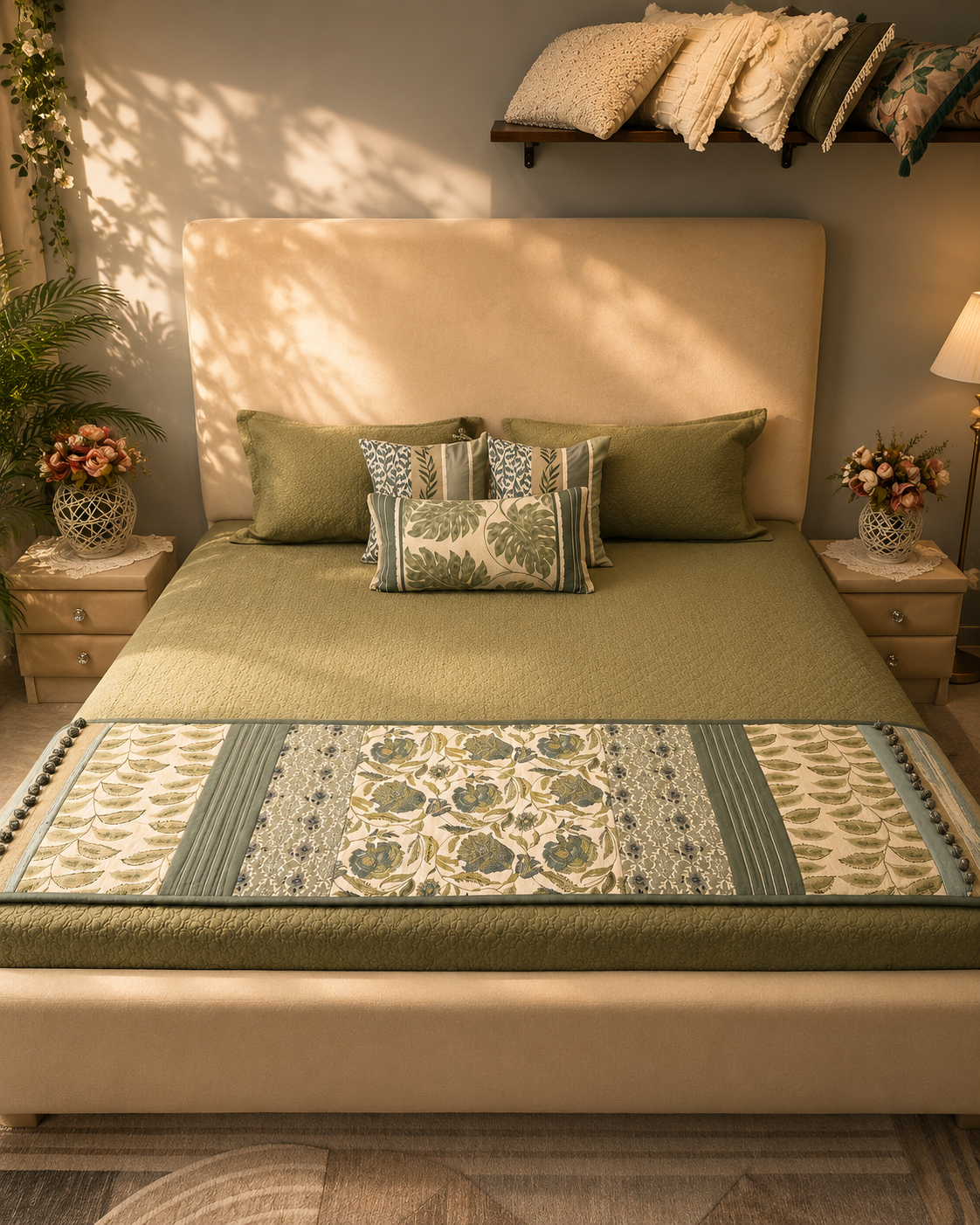 Olive green bed ensemble with cream floral panels and matching decorative cushion covers