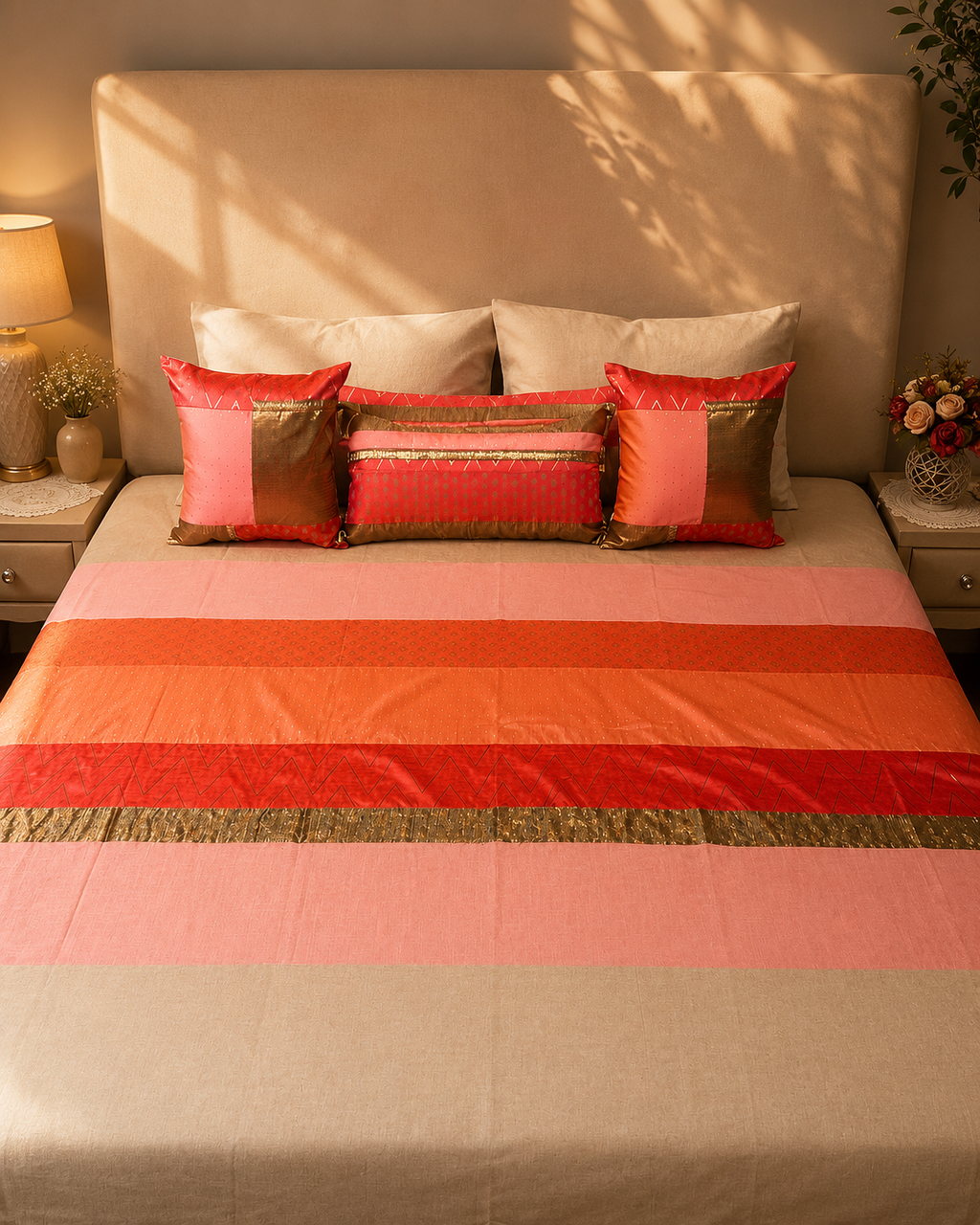 Coral pink and gold bed ensemble with matching decorative cushion covers