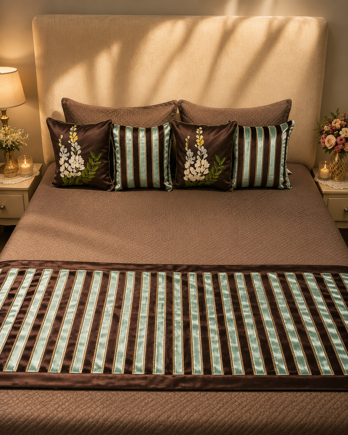 Brown bed ensemble with mint green stripes, gold details and floral embroidered cushion covers