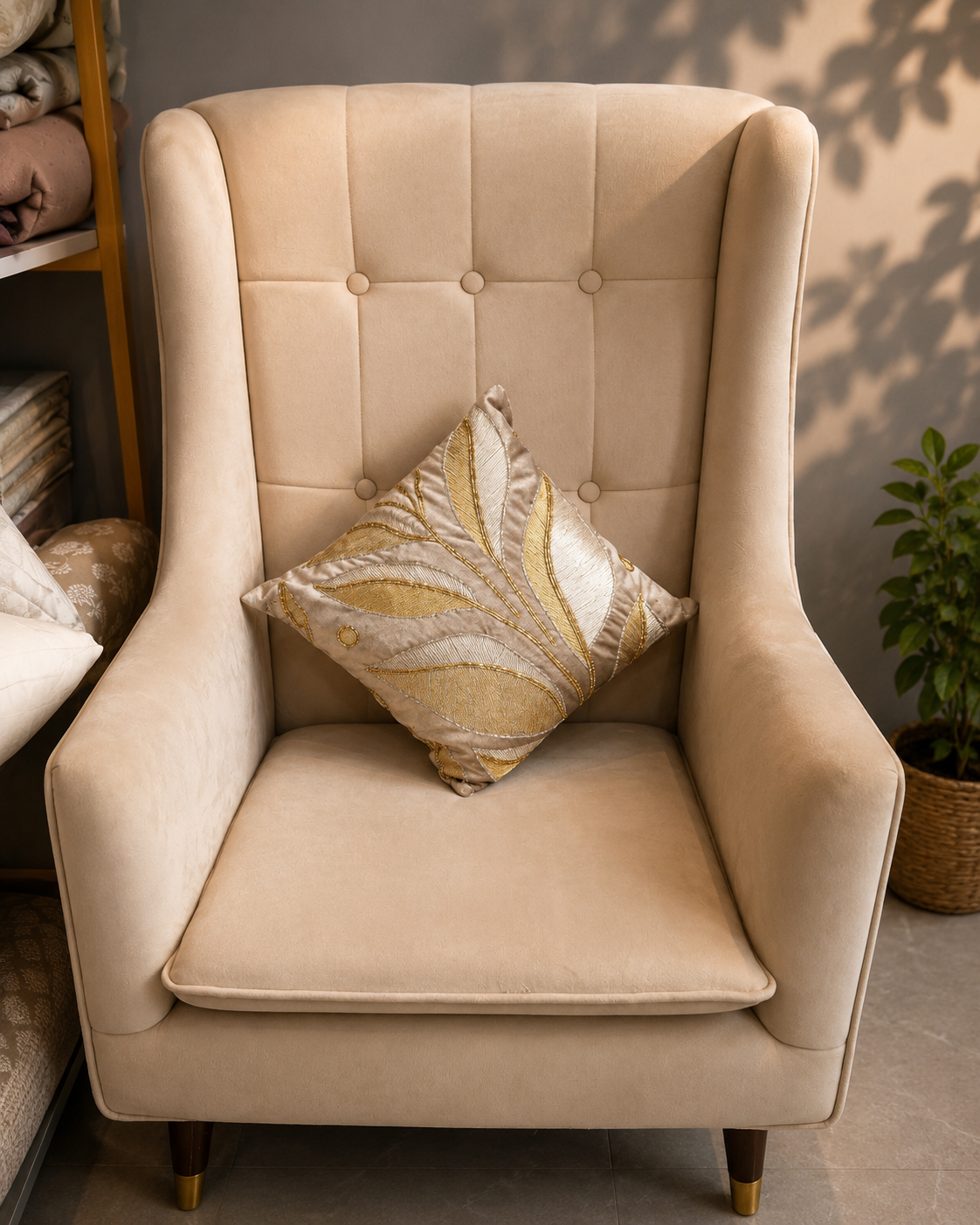 Champagne cushion cover with gold and silver embroidered leaves on a cream chair