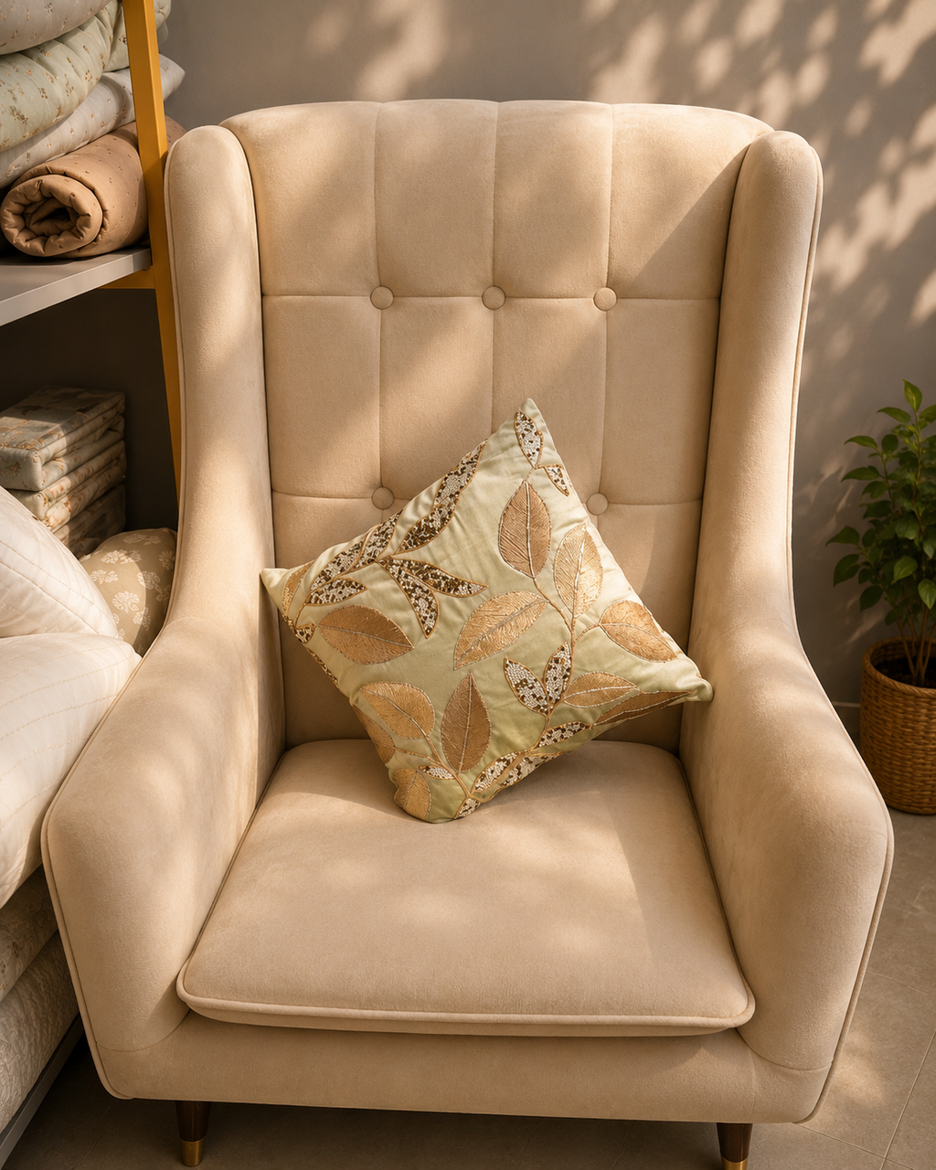 Sage green cushion cover with gold and beige embroidered leaves on a cream chair