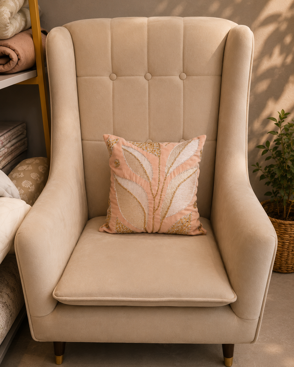 Peach cushion cover with cream and gold embroidered leaves on a beige chair