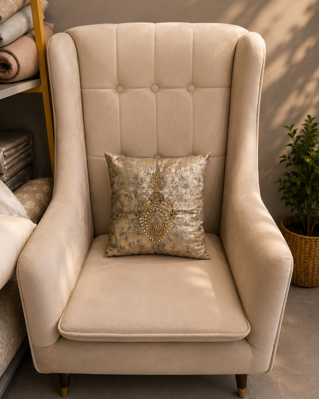 Gold and grey cushion cover with embroidered medallion design on a cream chair