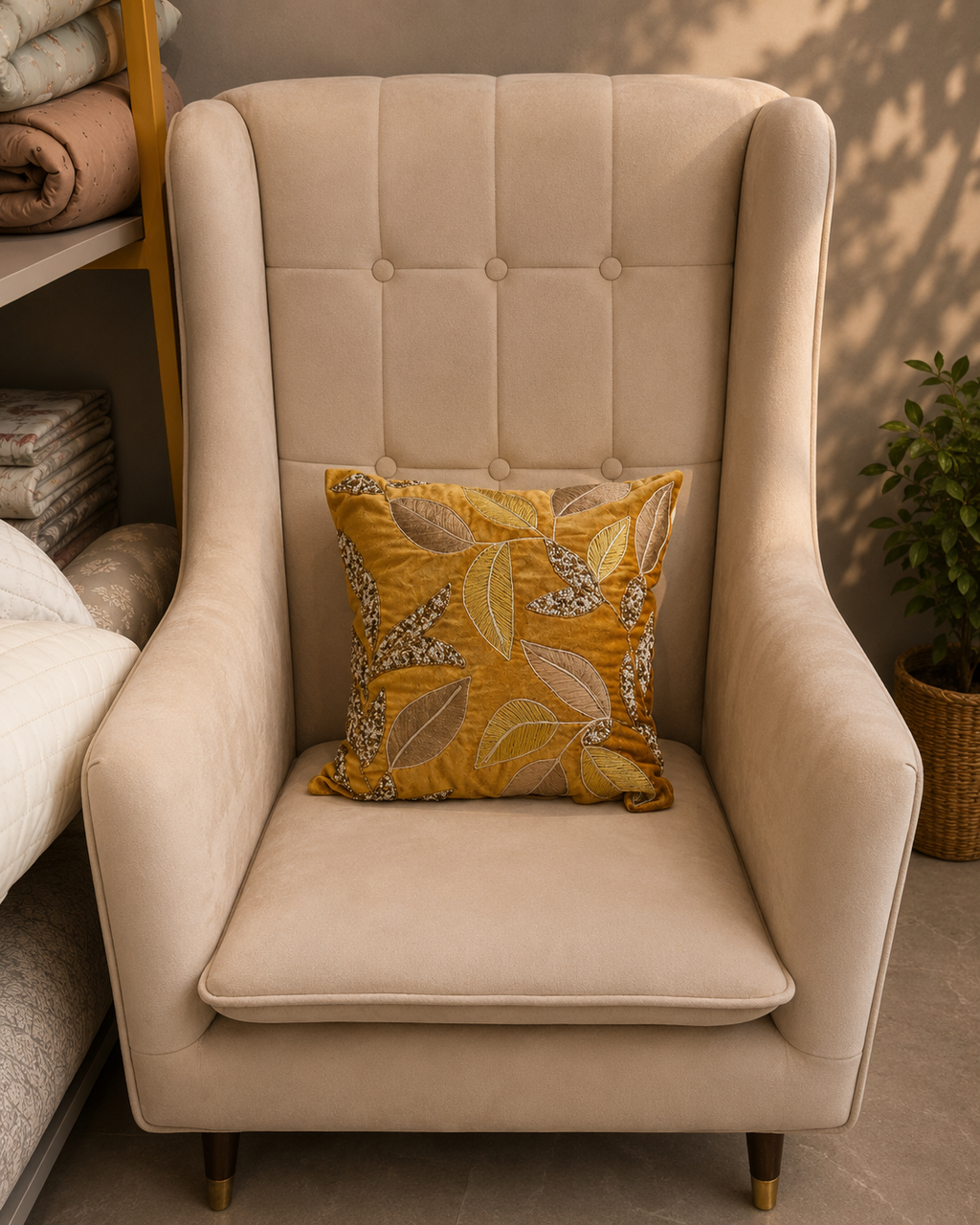 Mustard cushion cover with beige and brown embroidered leaves on a cream chair