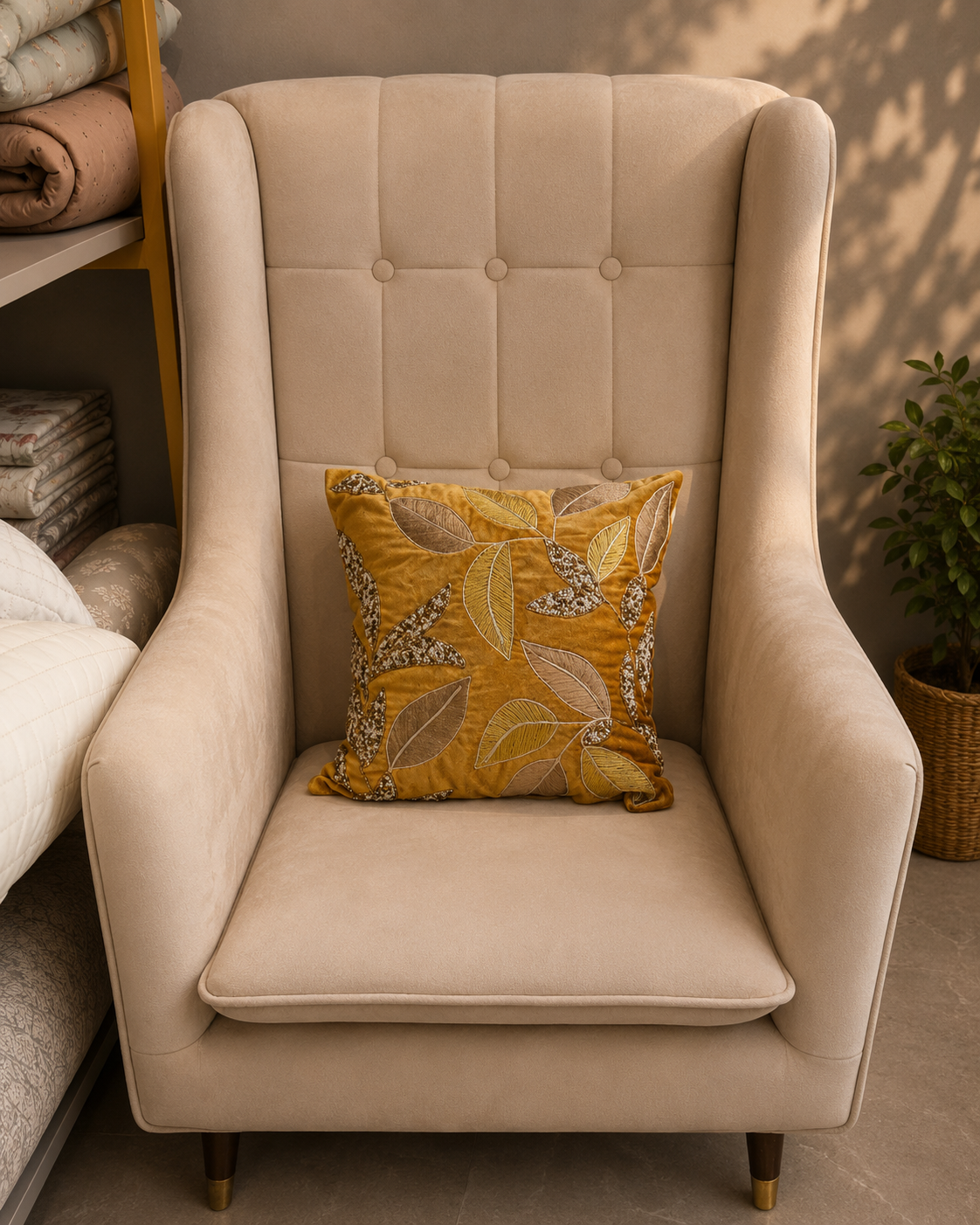 Mustard cushion cover with beige and brown embroidered leaves on a cream chair