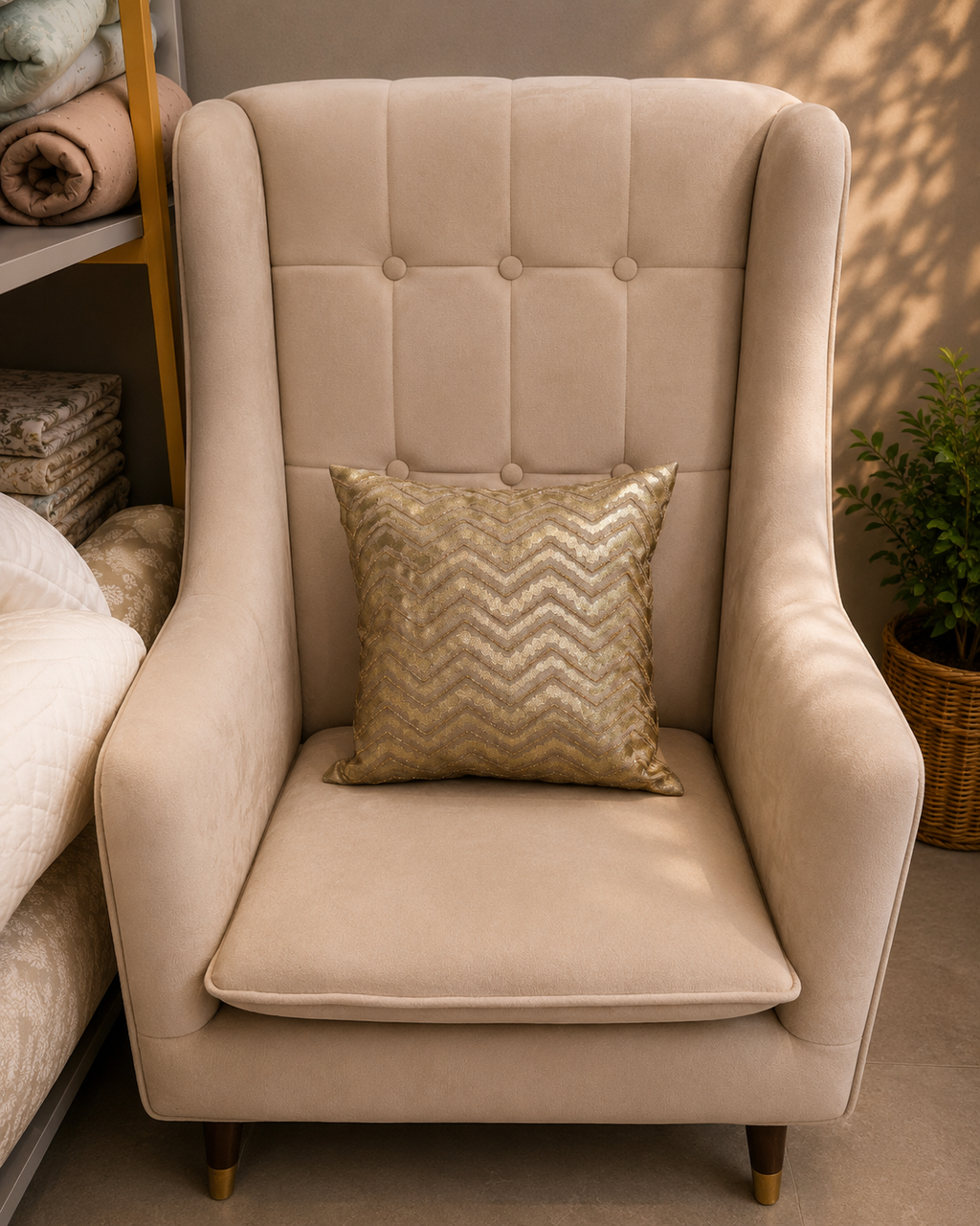 Gold and beige chevron cushion cover displayed on a cream chair