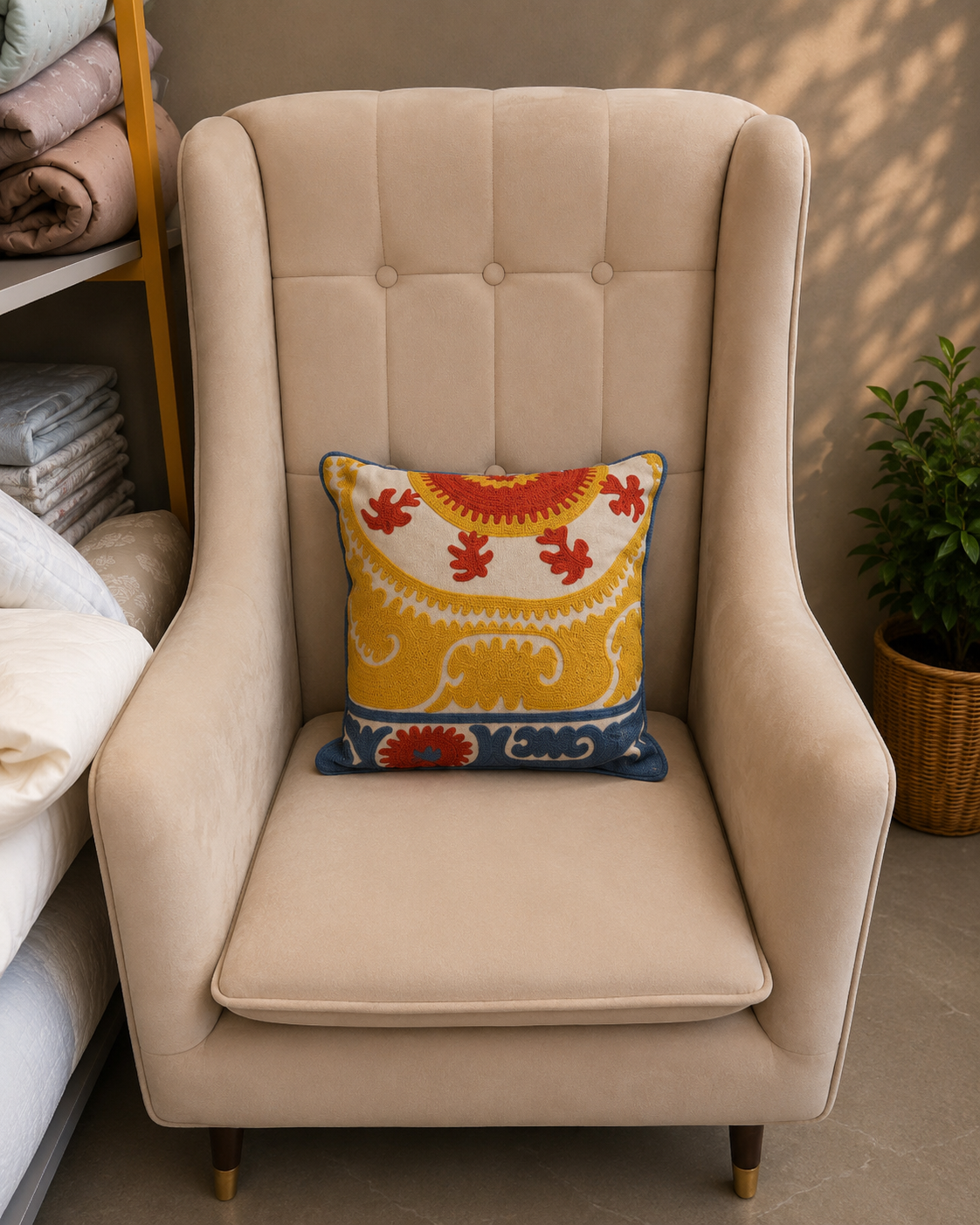 Mustard cushion cover with rust, blue and cream embroidery on a beige chair