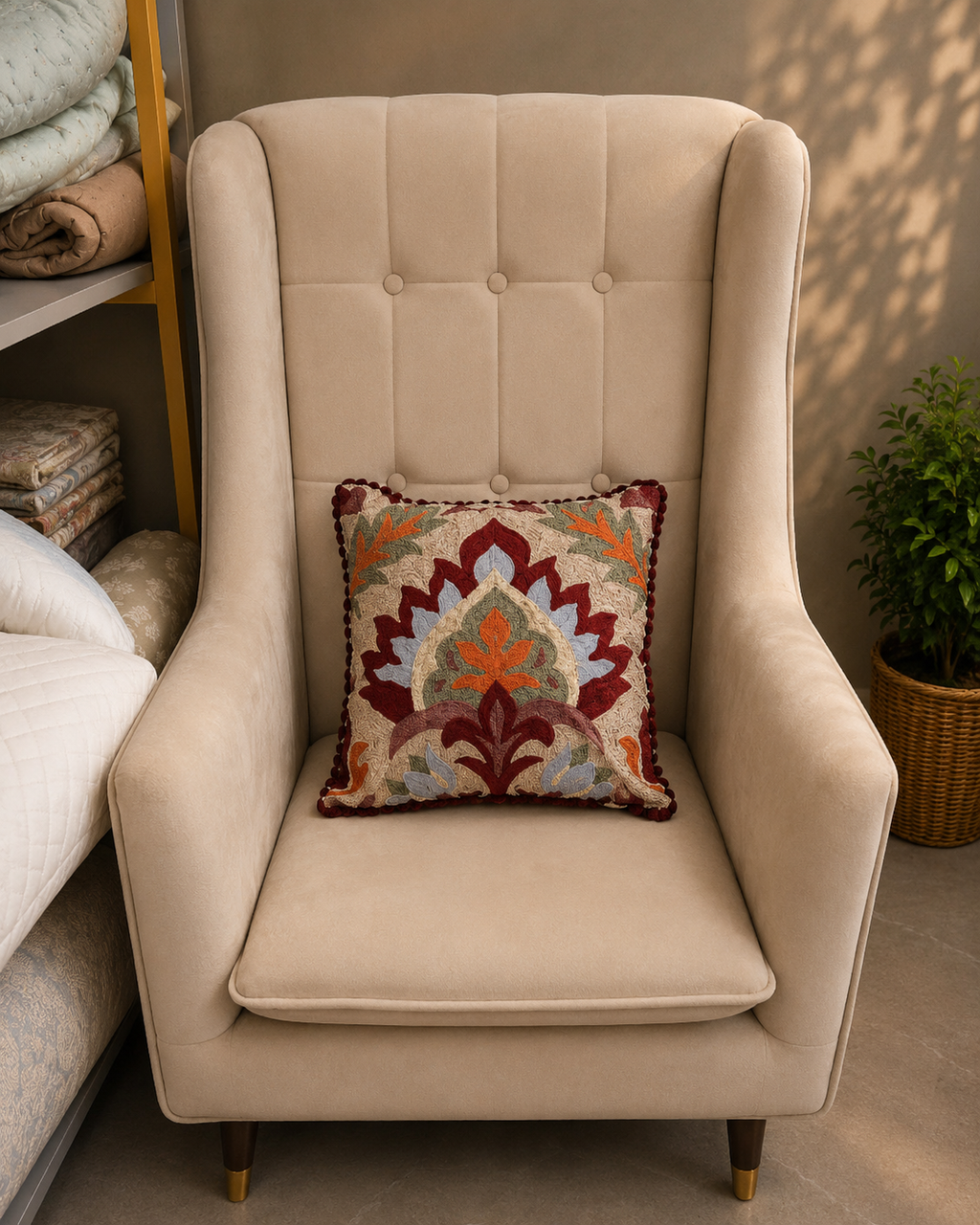 Beige floral cushion cover with burgundy, rust and green design on a cream chair