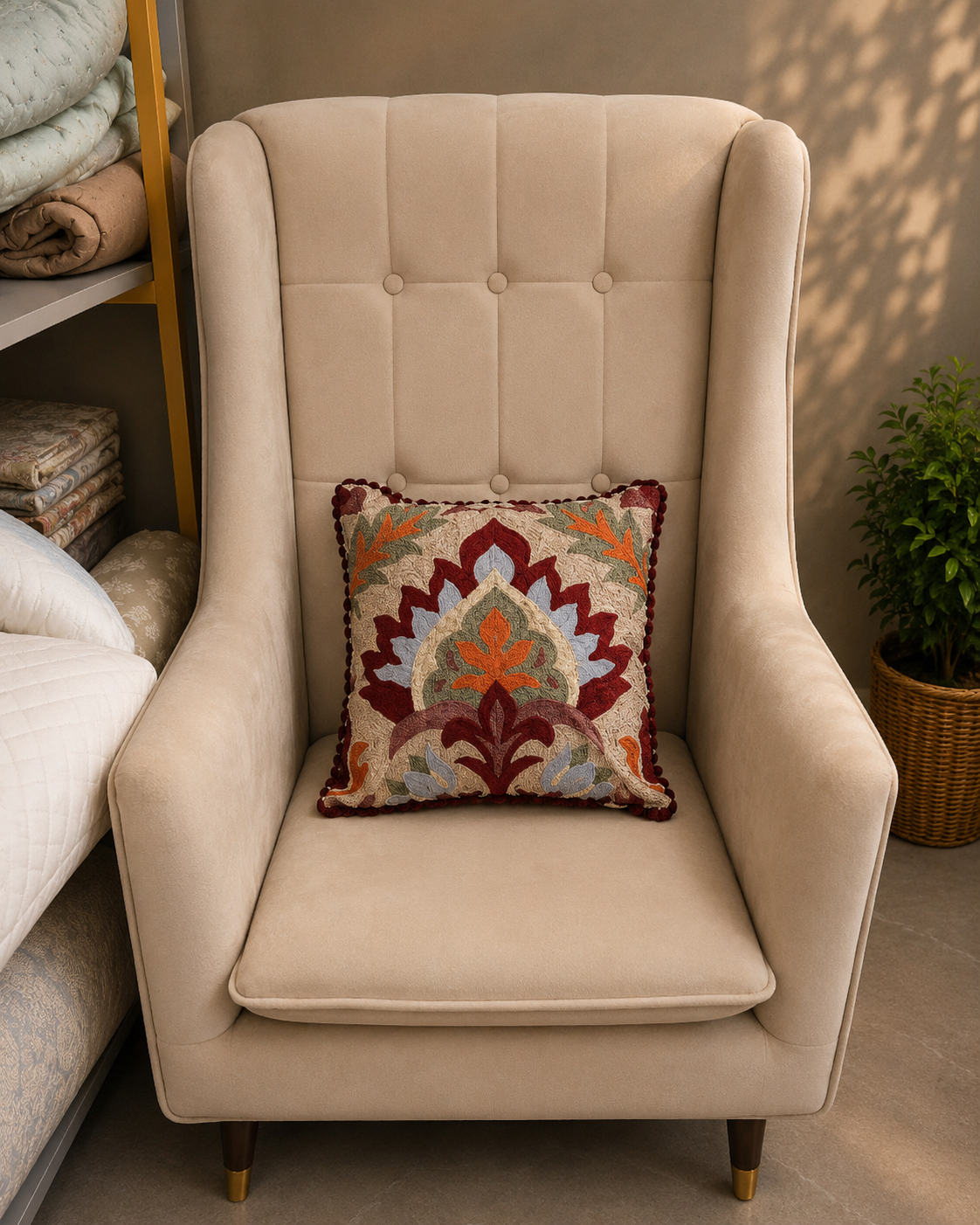 Beige floral cushion cover with burgundy, rust and green design on a cream chair