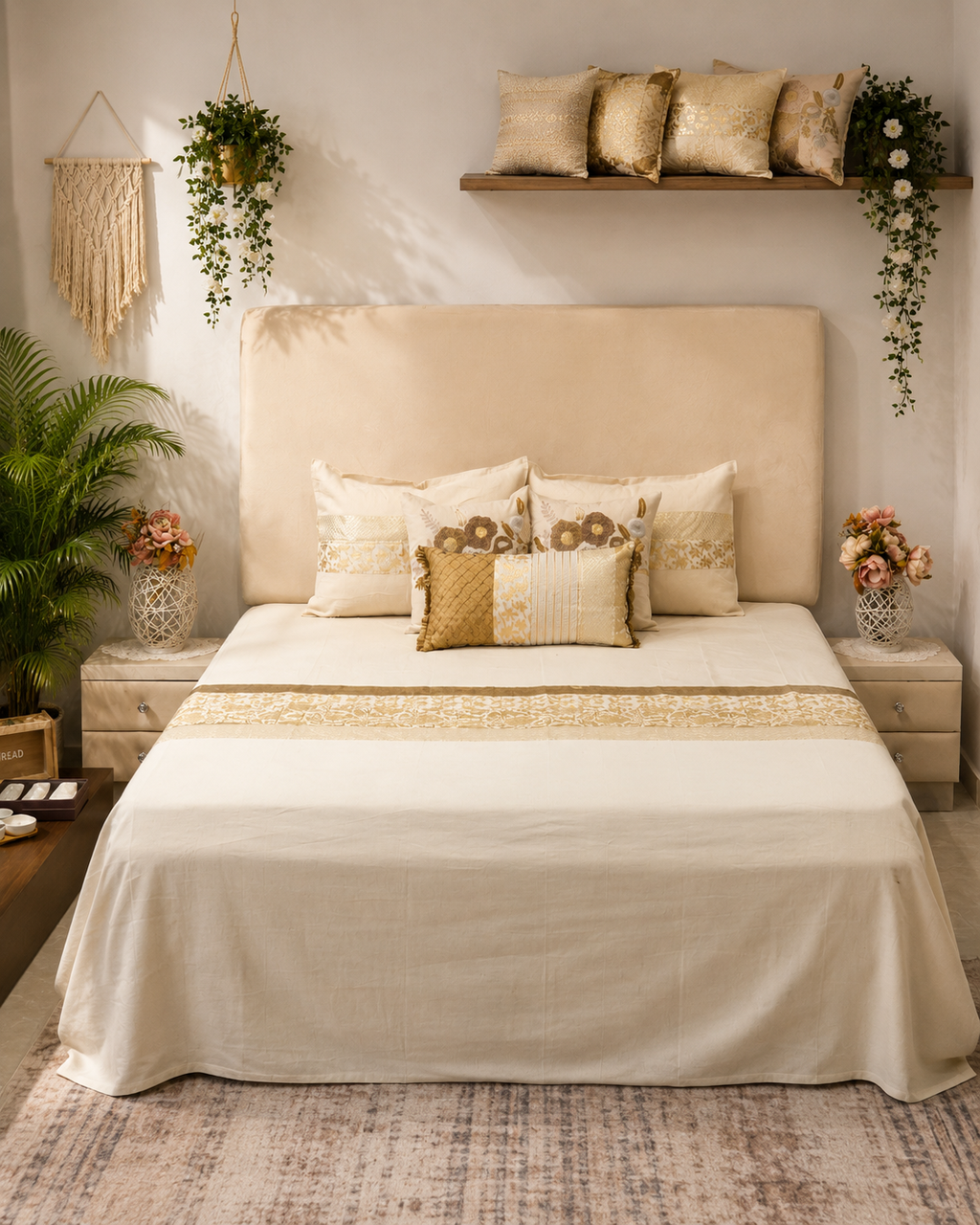 Ivory luxury bedsheet set with gold decorative border and coordinated floral cushion covers by Rituxe Living