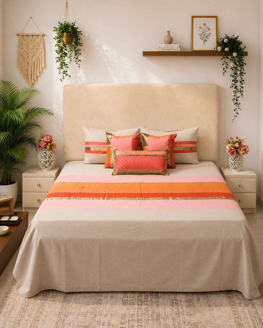 Ivory bedsheet set with coral, peach and gold borders and coordinated decorative pillow covers by Rituxe Living