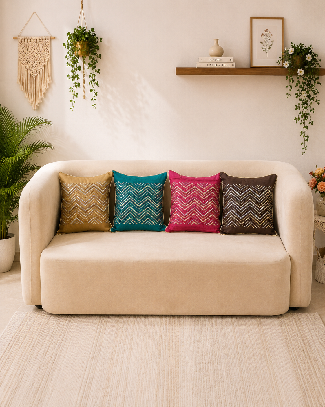 Multicolour chevron cushion covers in mustard, teal, pink and brown displayed on a cream sofa by Rituxe Living