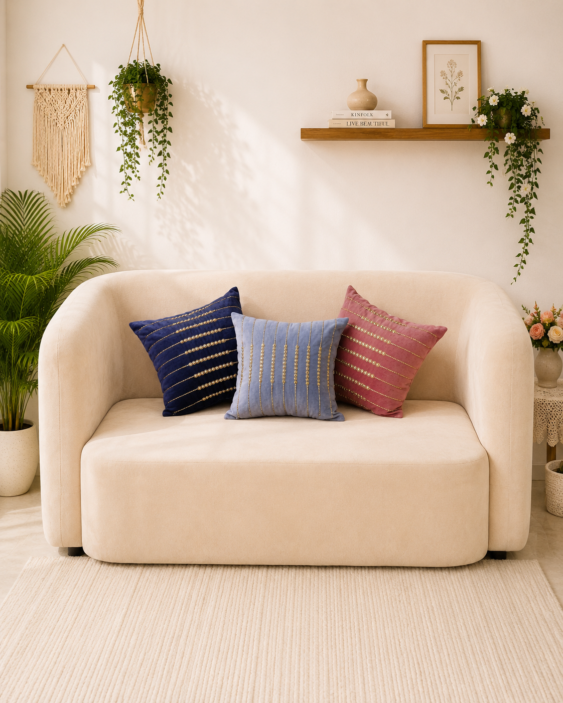 Navy blue, powder blue and dusty rose cushion covers with gold linear embellishments displayed on a cream sofa